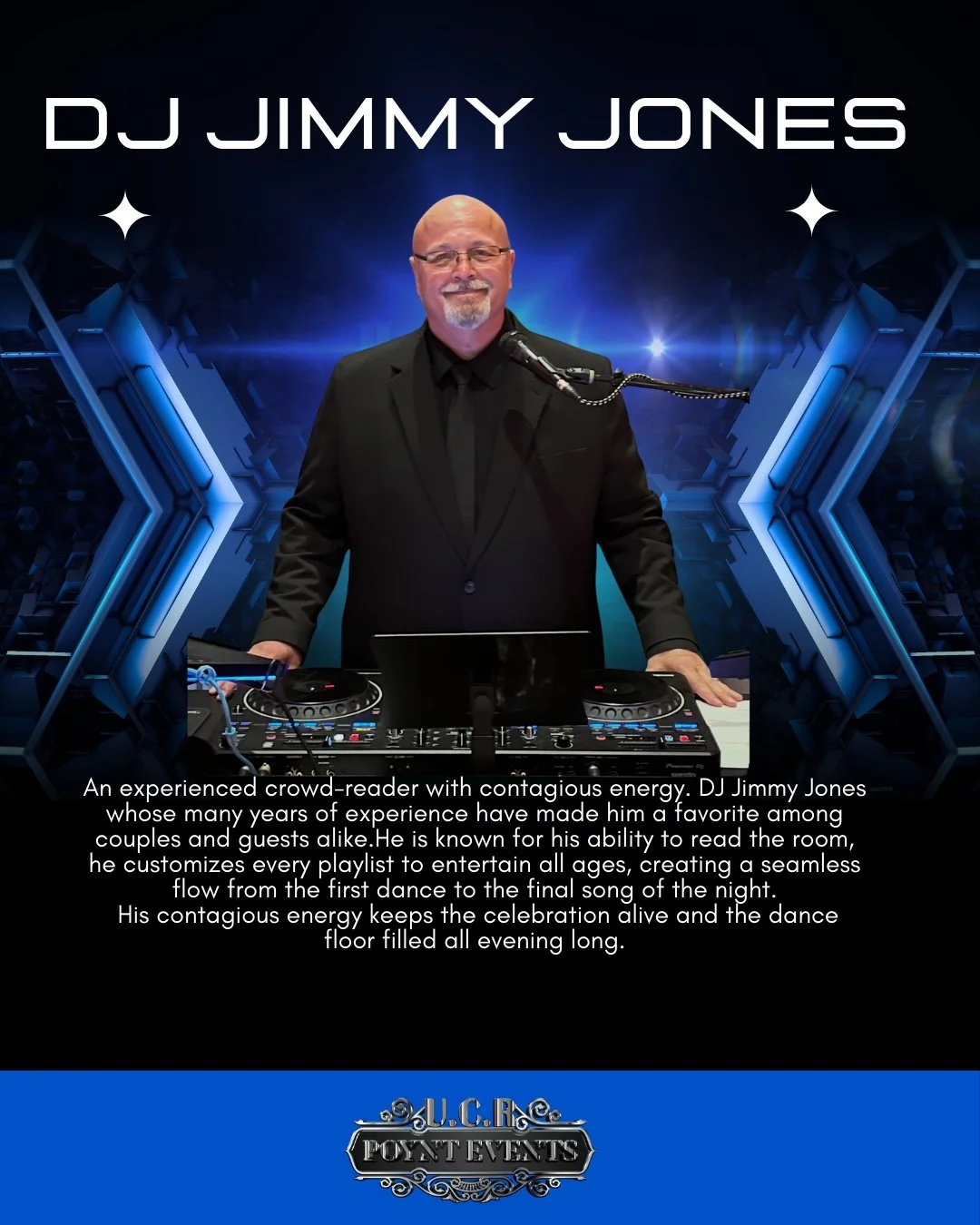 Promotional poster featuring DJ Jimmy Jones standing behind DJ equipment, smiling, with a blue futuristic background and the text 'DJ Jimmy Jones'.