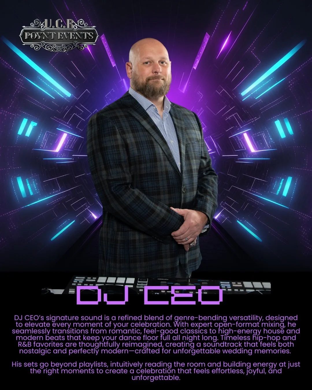 A man in a suit stands in front of a futuristic, neon-lit digital background with the text 'DJ CEE' in purple at the bottom. The image promotes DJ CEE as a wedding DJ.