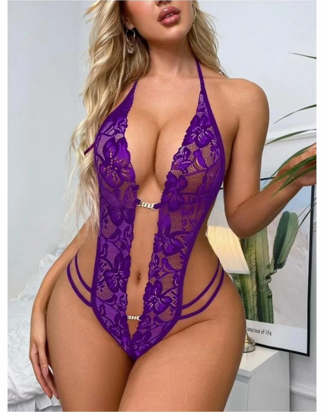 Crystal Embellished Lace G-String Teddy