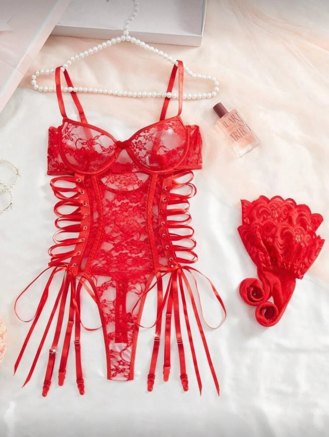 Exquisite Lace Tie-Up Teddy with Thigh High Set