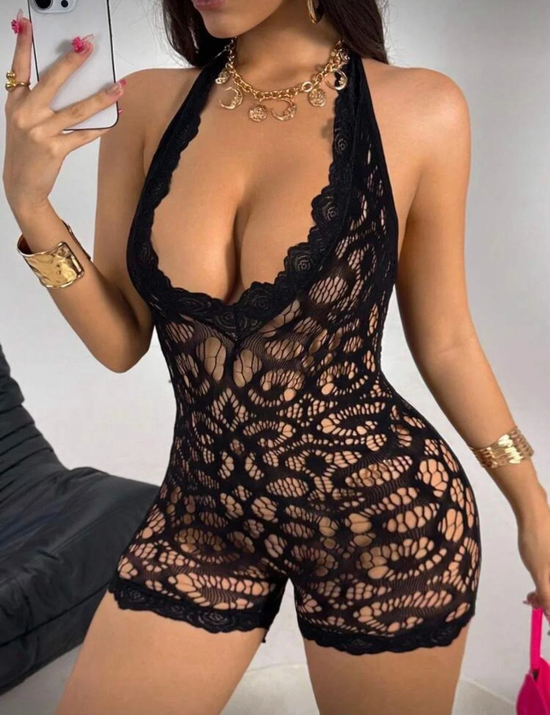 Elegant Black Lace Shorts Romper