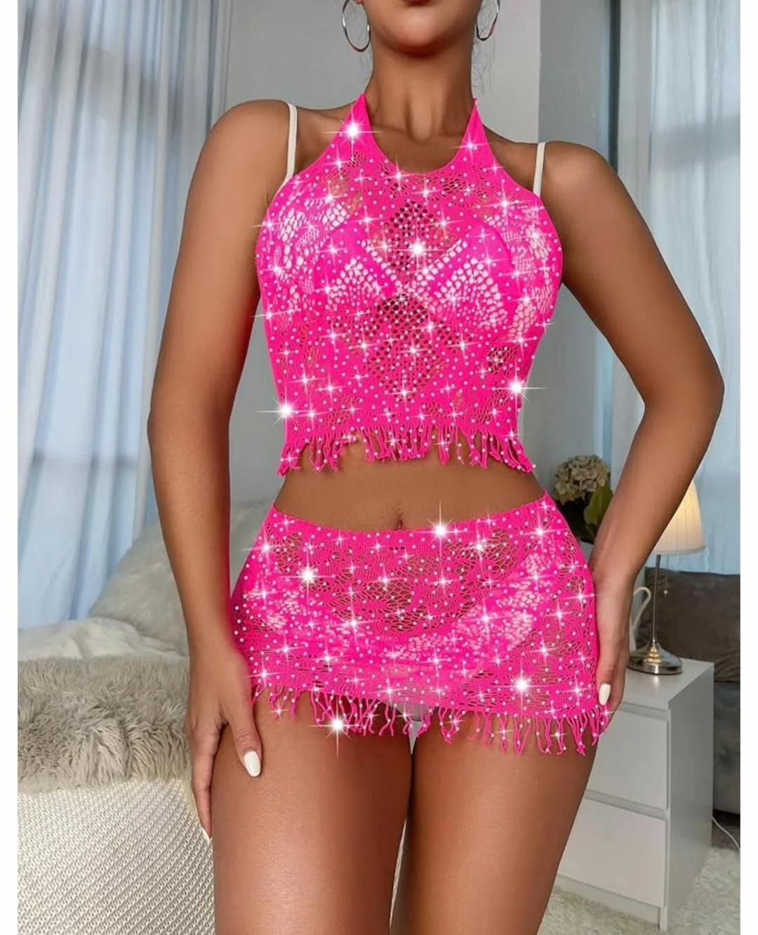 Vibrant Sparkle Halter Top & Skirt Set