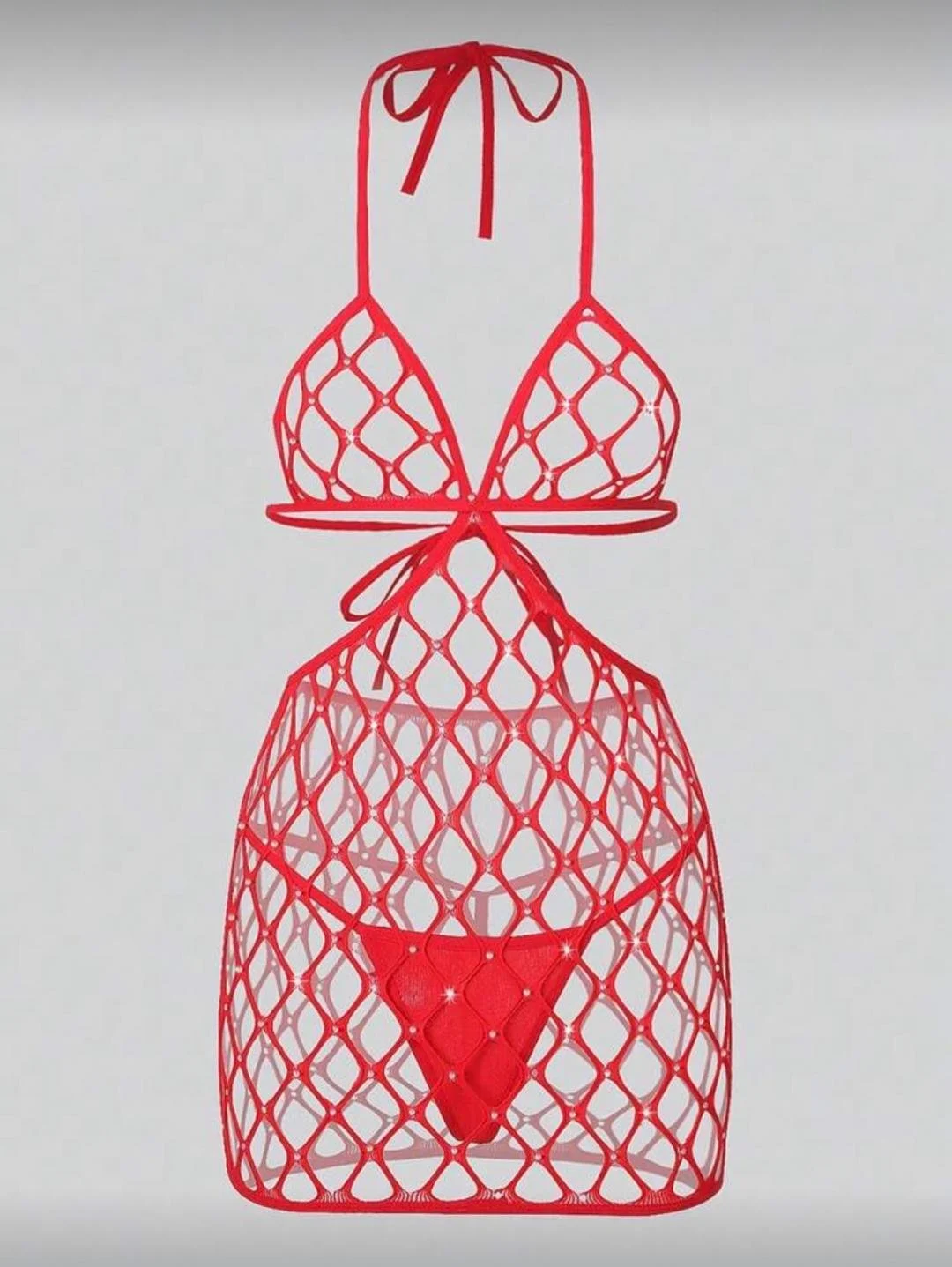 2-Piece Crystal Fishnet Dress with Red G-String