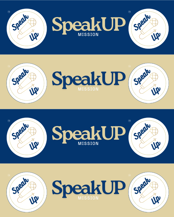 Pack of promotional stickers for Speak Up Mission, featuring a microphone icon and the slogan 'Speak Up' in a circular design, alternating with blue and beige background stripes.
