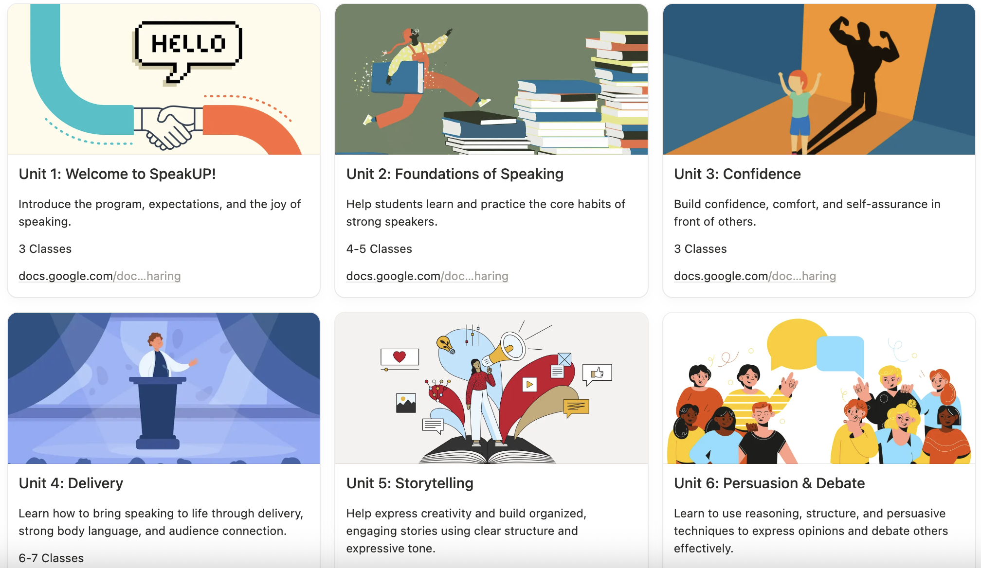 Screenshot of a digital course curriculum with six units on public speaking and communication skills, including visuals such as a handshake, a person climbing a pile of books, a strong person showing muscles, a speaker at a podium, a person surrounded by social media icons, and a group of diverse people engaged in discussion.