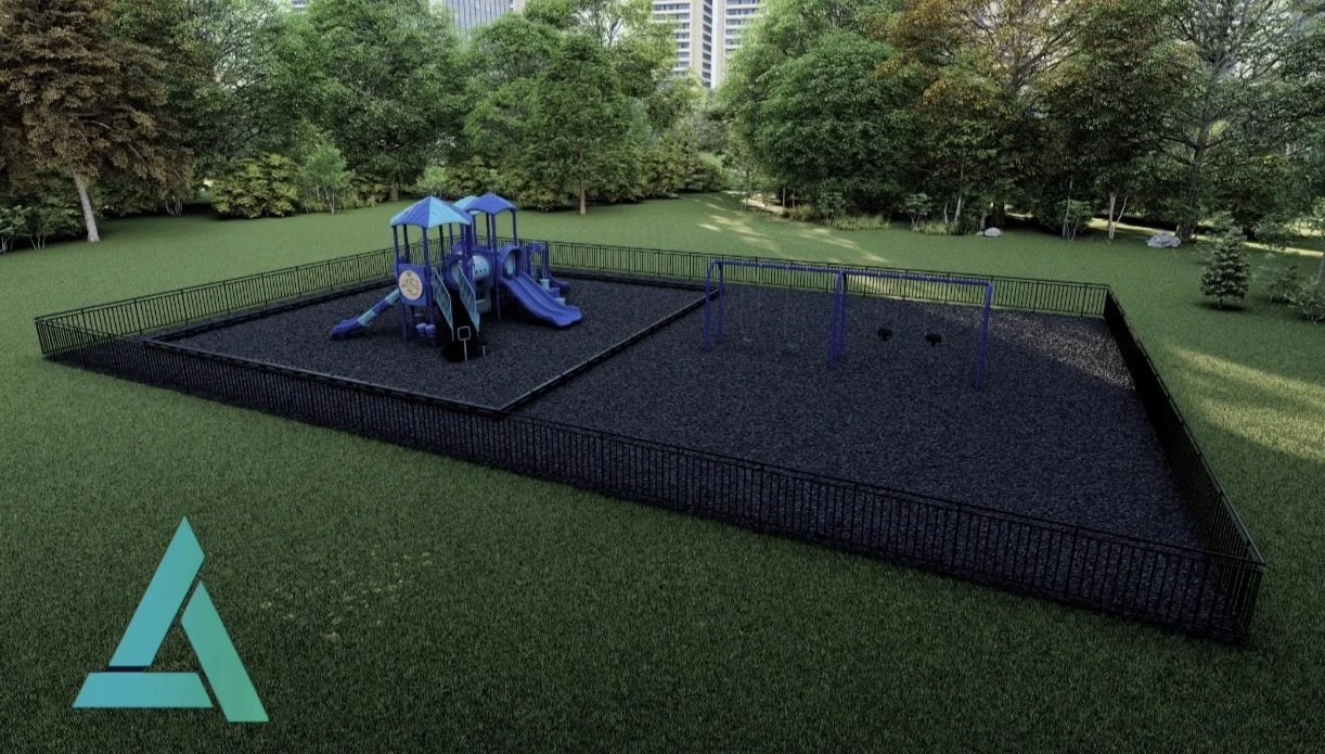 A fenced playground area with a blue slide and swings, located in a park surrounded by trees and grass.