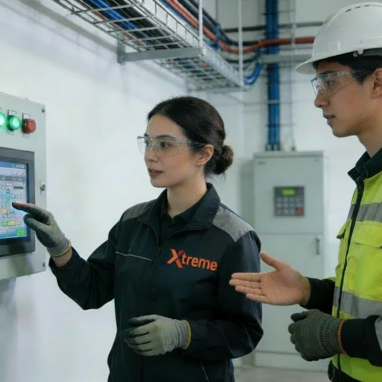 Technnical sales rep training a client on a new automated urethane coating system with PLC controlled interface in Edmonton, AB.