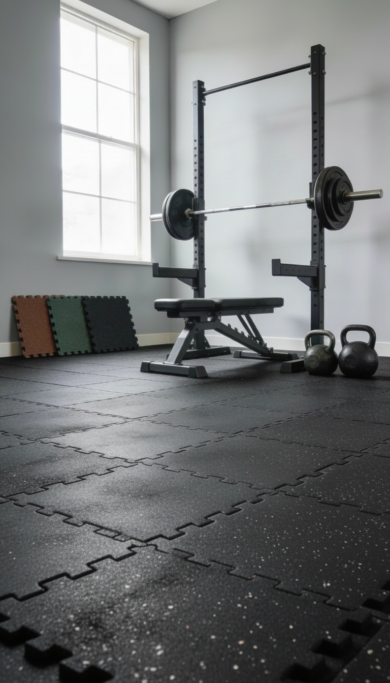 Rubber flooring options for home or office gyms