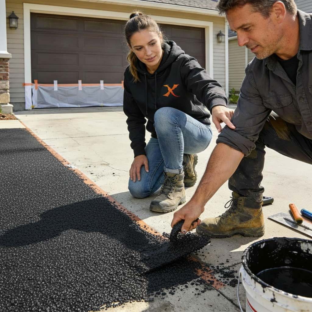 Technical sales rep on site with client training rubber surface installation to the crew with urethane binder/glue and recycled rubber in Edmonton, AB