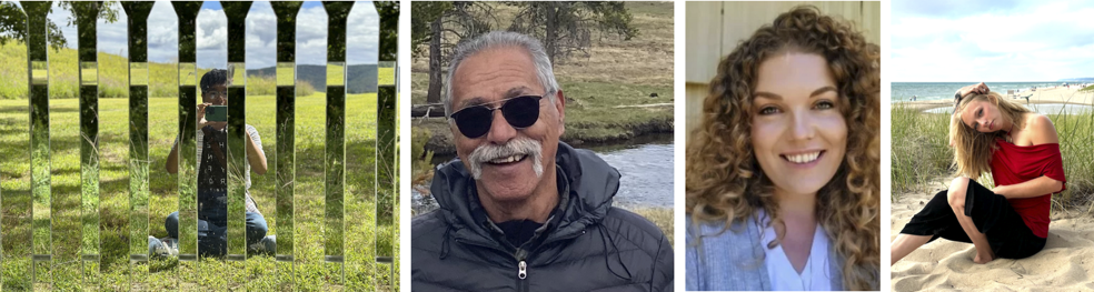 A collage of four photos: a person taking a selfie through a reflective metal fence in a green field, a man with sunglasses smiling outdoors near a stream, a woman with curly hair smiling wearing a blue shirt, and a woman with blonde hair in a red off-shoulder top sitting on the beach.