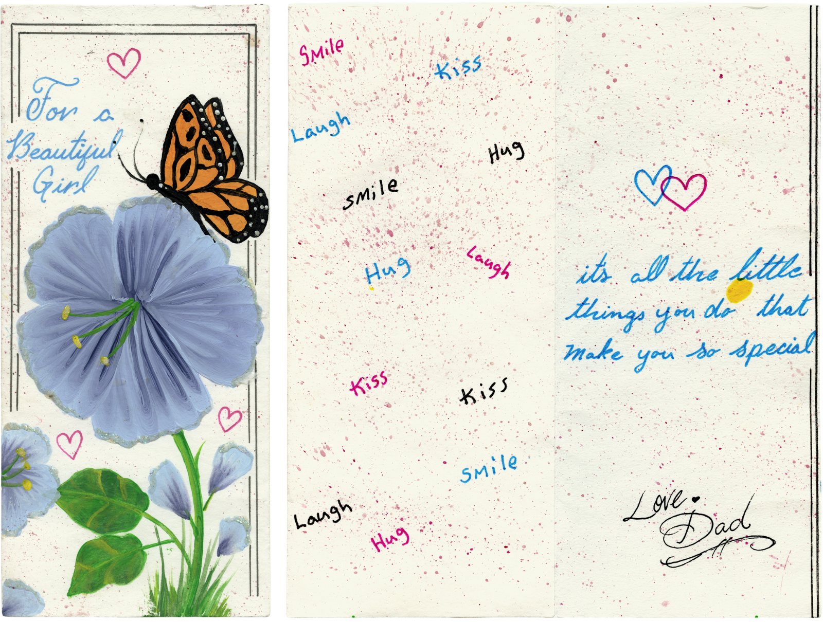A handwritten greeting card with a blue flower, an orange butterfly, and colorful hearts. The left side reads "For a Beautiful Girl" with decorative borders, and the right side contains messages of love, hugs, kisses, smiles, and words of encouragement.