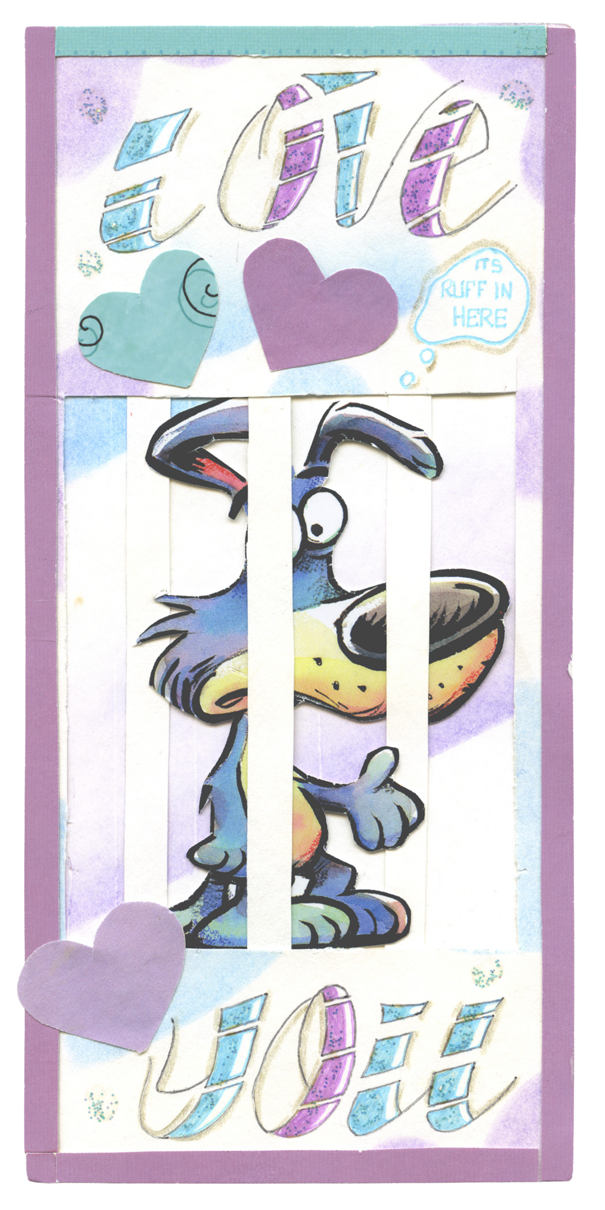 Handmade paper craft with cut-out illustrations of Olaf the snowman from Frozen, hearts, and decorative text saying 'Love' and 'It's Ruff In Here' on a purple and light blue background.