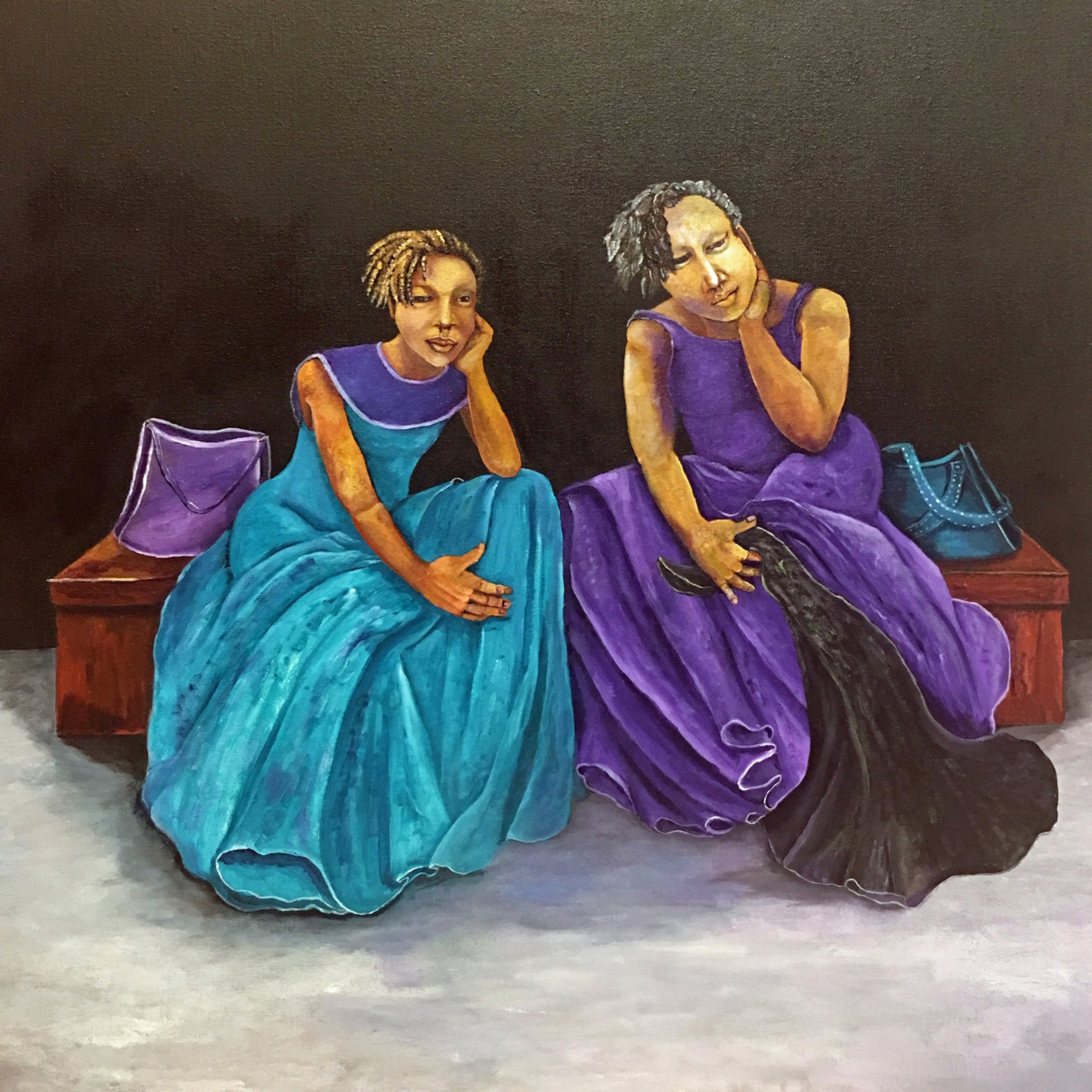 Painting of two women sitting on a bench, wearing colorful dresses, with handbags beside them, against a dark background.