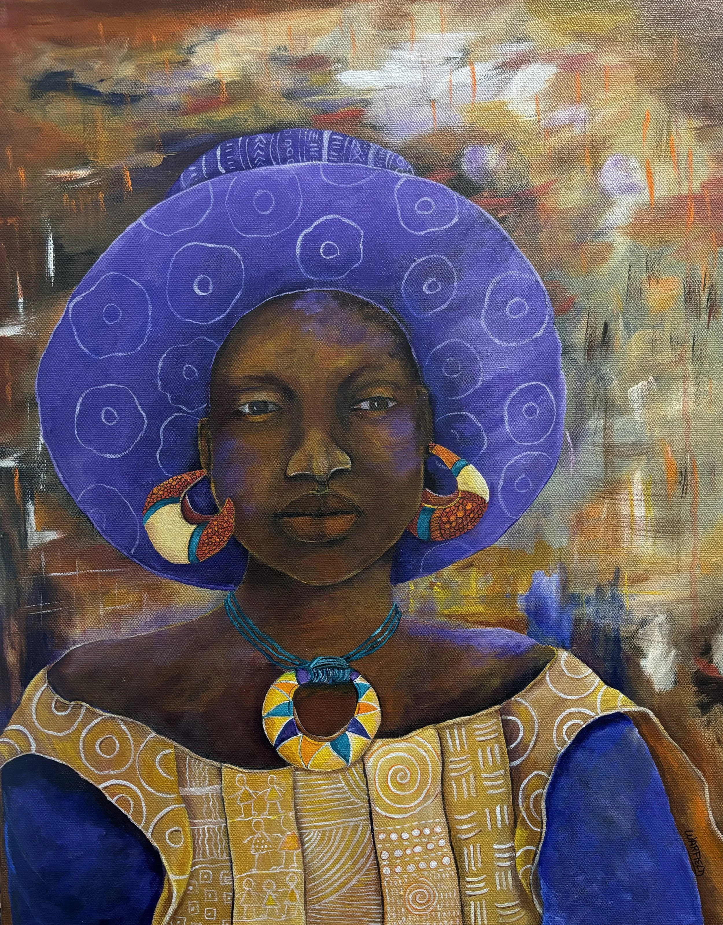 Painting of an African woman wearing a purple head wrap with circular patterns, large multicolored earrings, a matching necklace, and traditional patterned clothing in yellow and beige with white designs. The background is an abstract mix of warm colors.