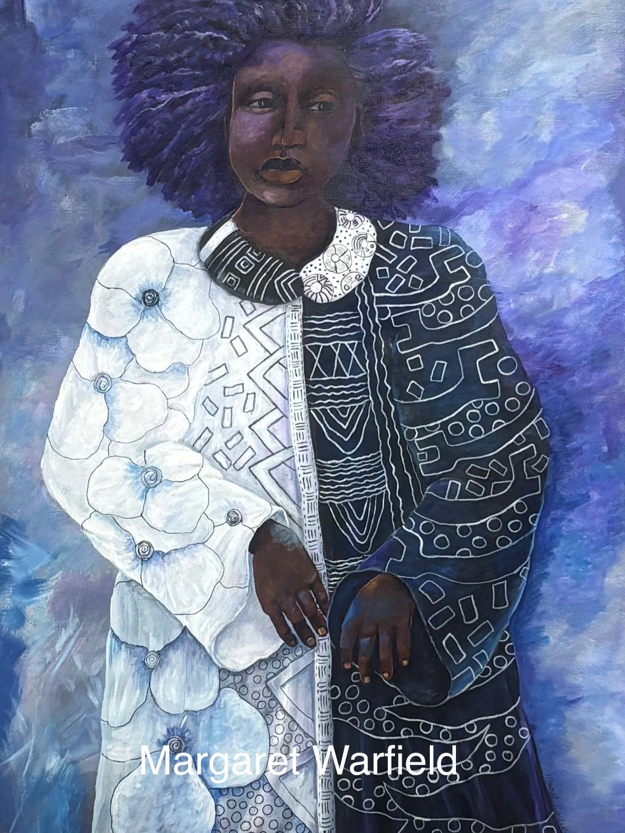 "Seed," an acrylic portrait painting of a frmale figure with textured purple hair, wearing a black - and -white patterned dress,set against a swirling blue an violet background.