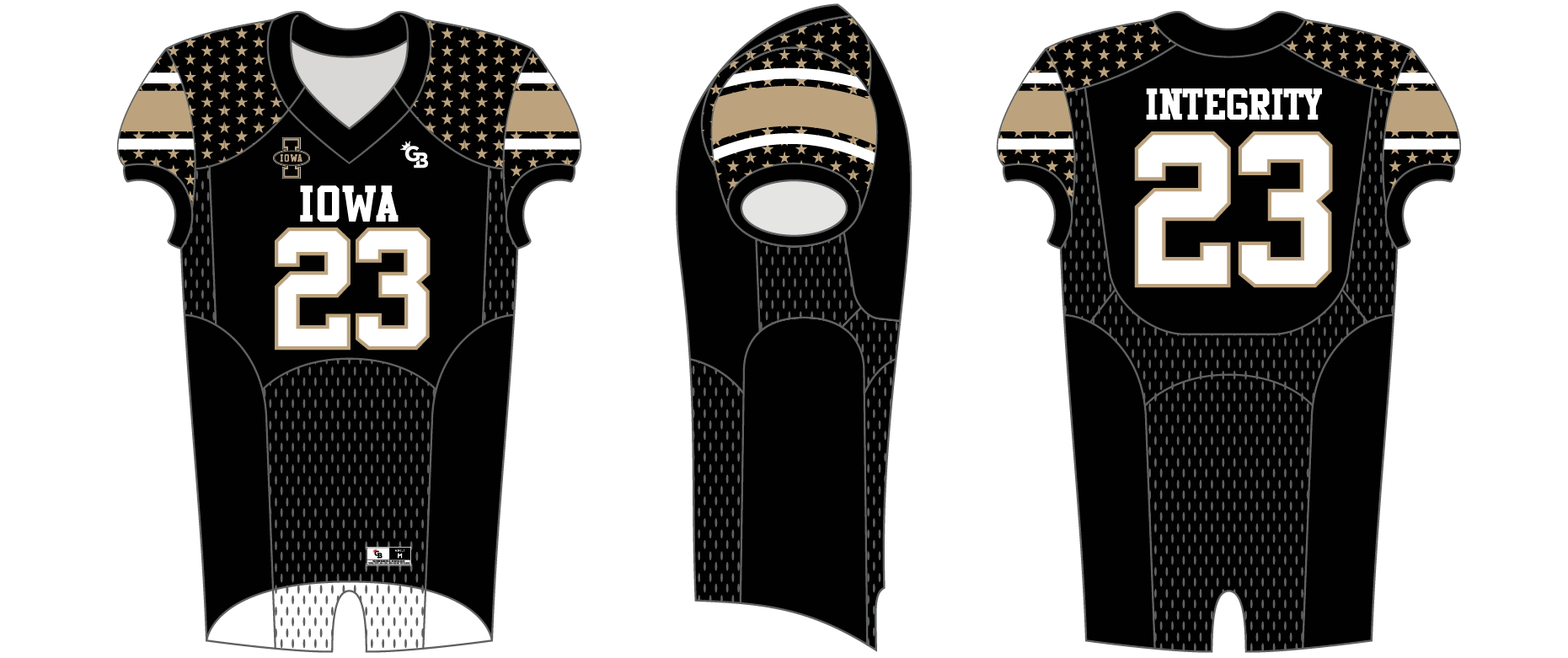 Black football jersey with gold and white star patterns on shoulders and sleeves, featuring the number 23, the word 'IOWA,' and protection patches on front; the back displays 'INTEGRITY' and the number 23.