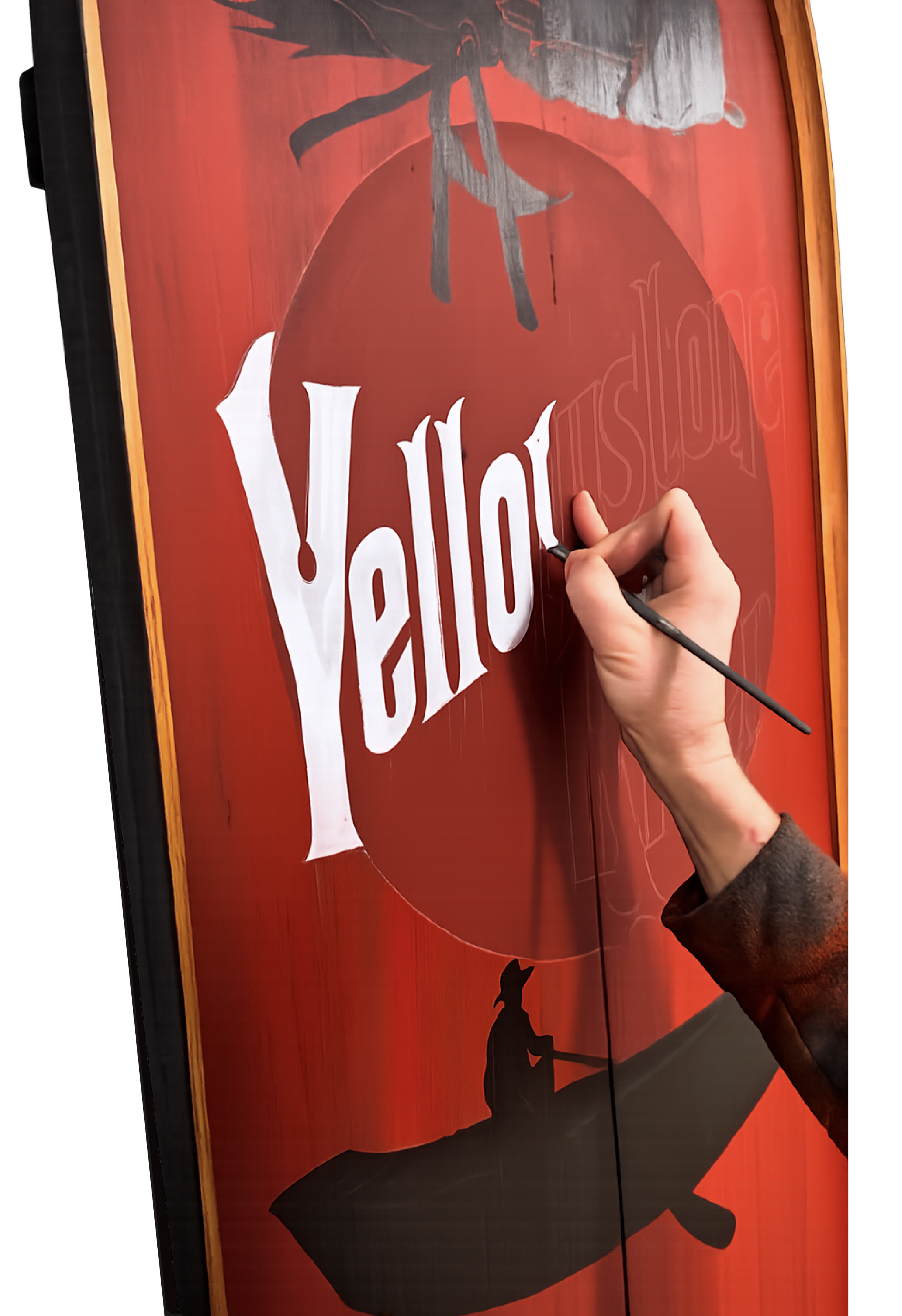 A person painting a red sign with the word 'hello' in white, stylized letters, using a small brush. The sign has black silhouettes of a bow and a person sitting in a boat beneath a large red circle.