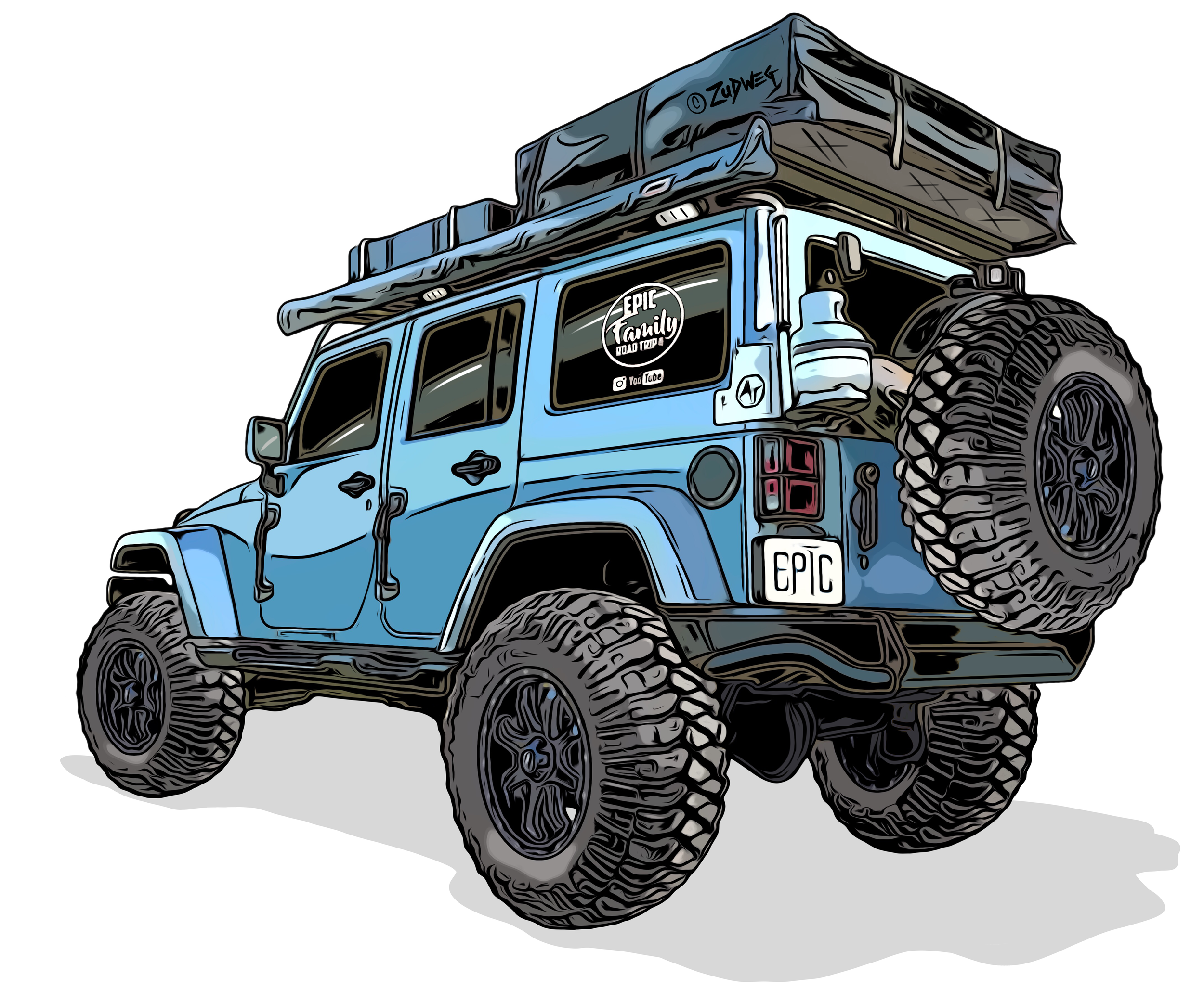 A comic-style illustration of a blue off-road vehicle with large tires, roof rack, and a spare tire mounted on the back, carrying a rooftop tent.