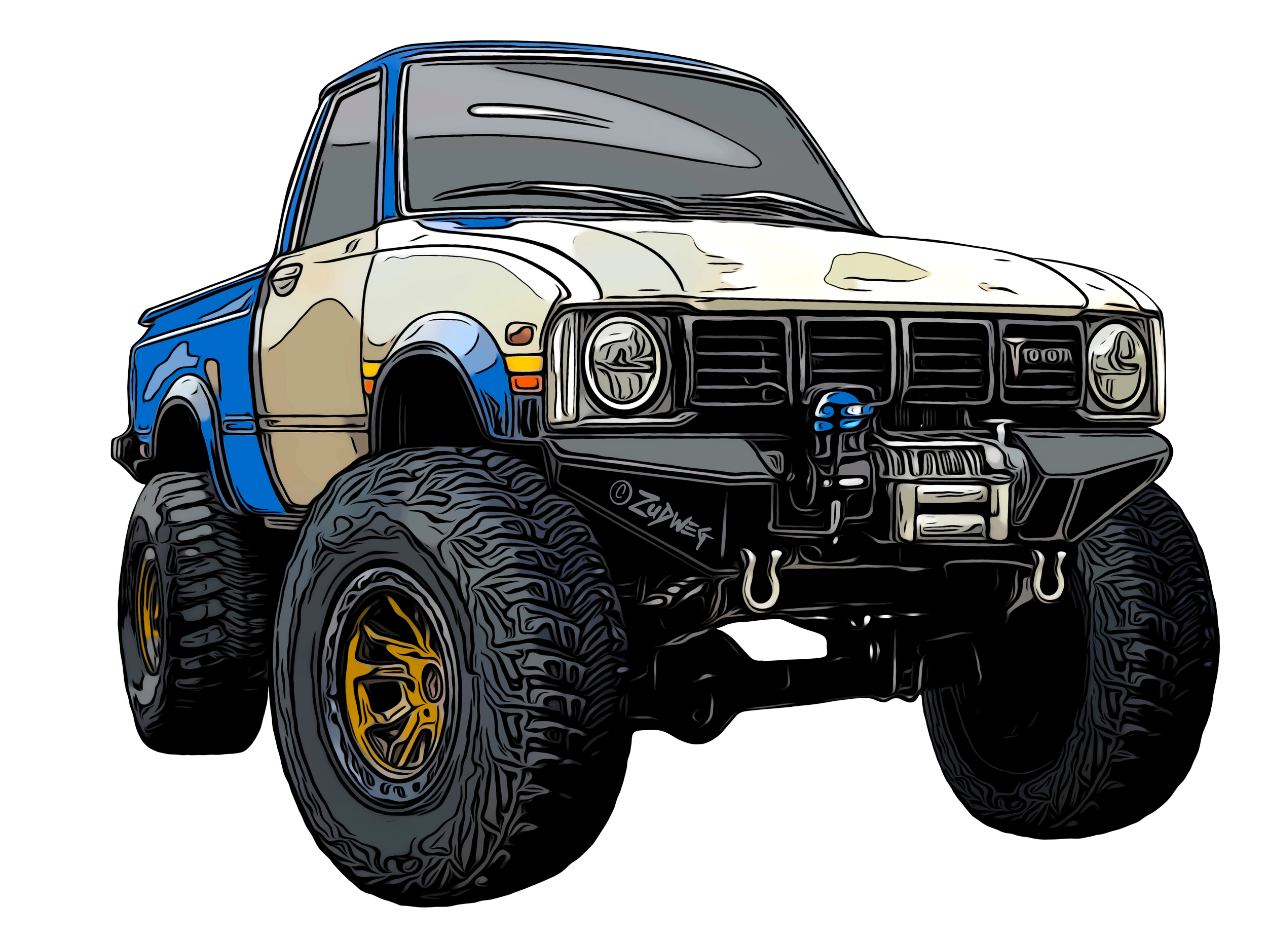 An illustration of a lifted, off road pickup truck with large tires, a beige and blue body, and a front-mounted winch.