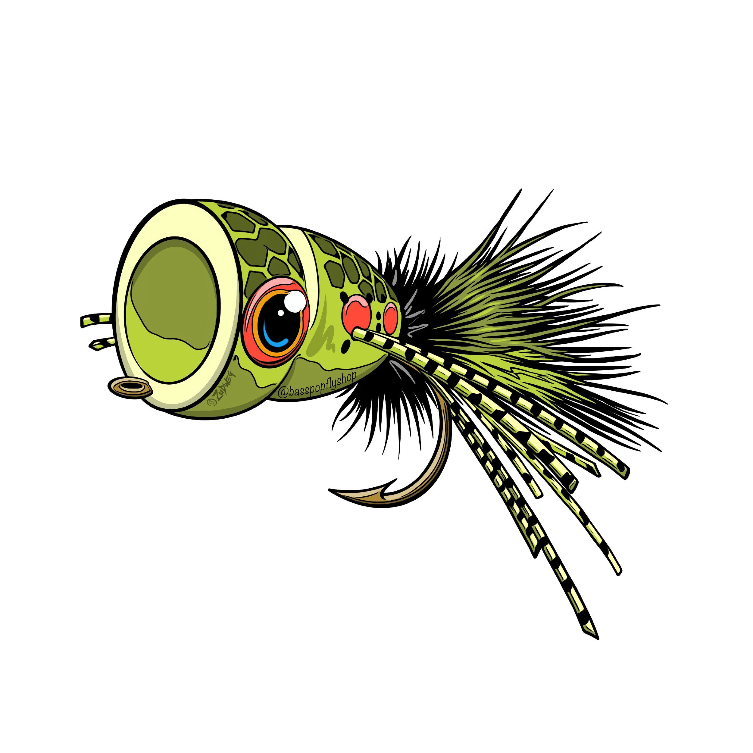 Cartoon popper fly with neon green body, large eyes, and a fishing hook done for Basspop Flyshop.