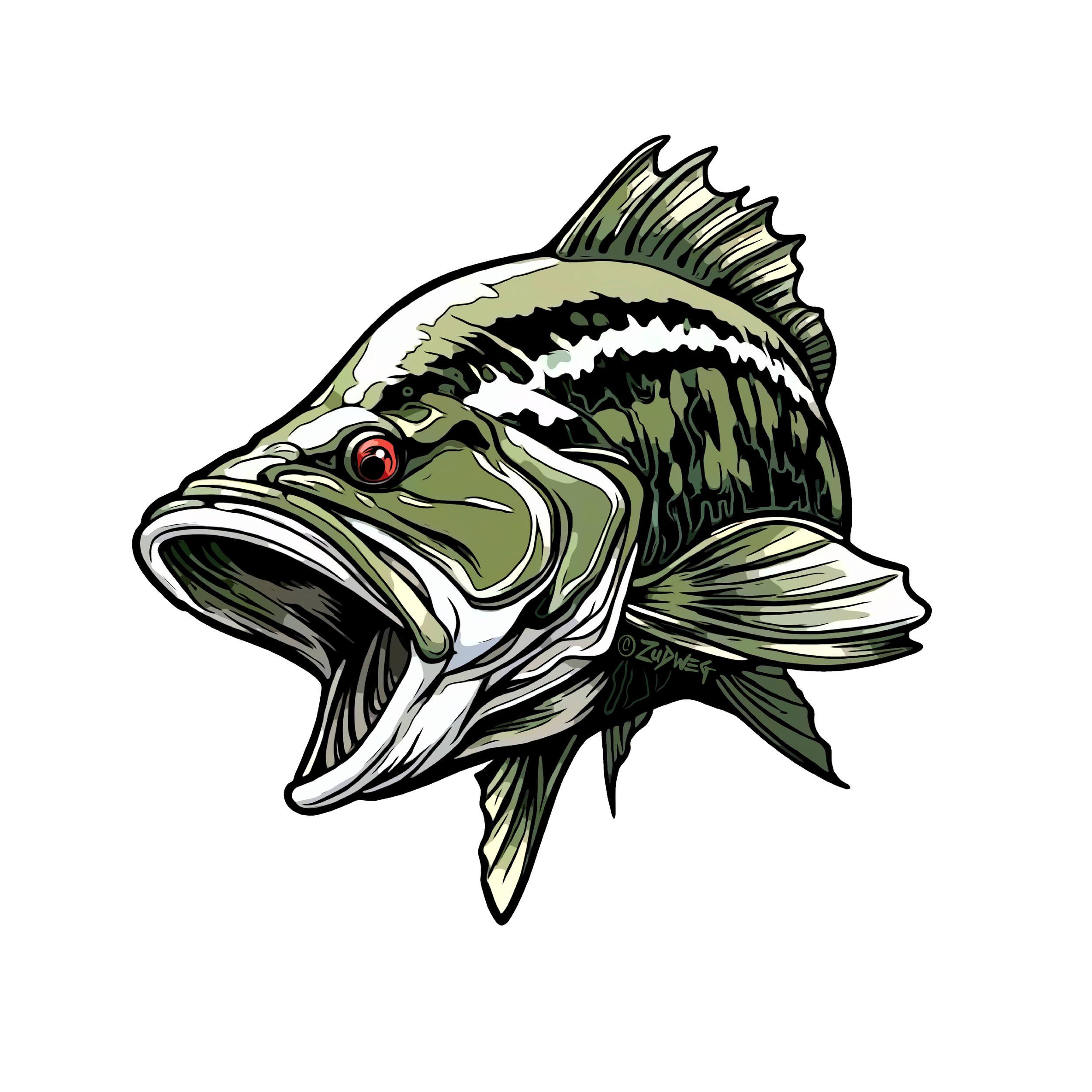 Digital illustration of a largemouth bass with an aggressive expression and open mouth.