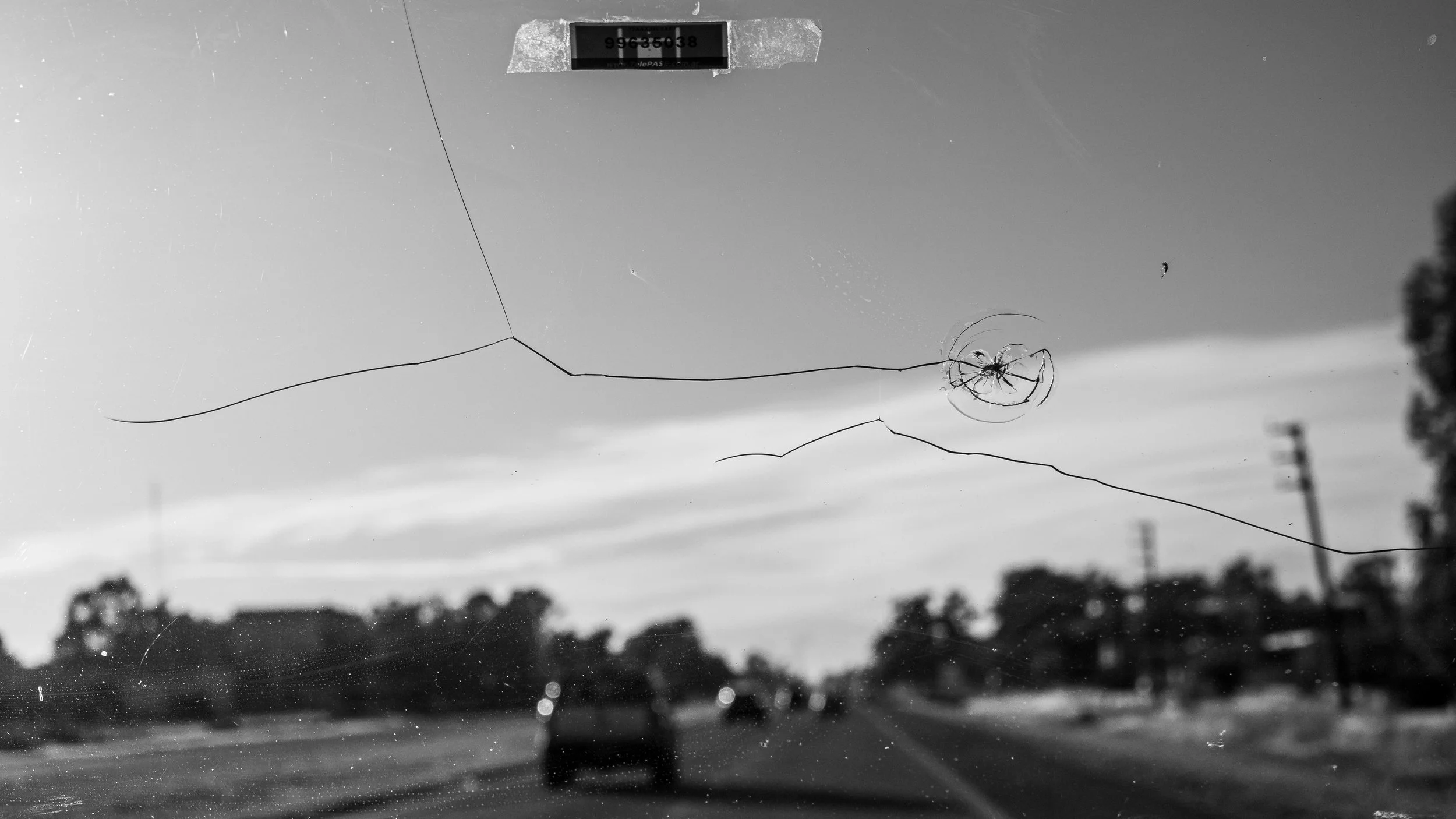 A cracked car windshield with a spiderweb-like fracture pattern and a spider caught in the center of the damage, against a background of a highway with vehicles and trees.