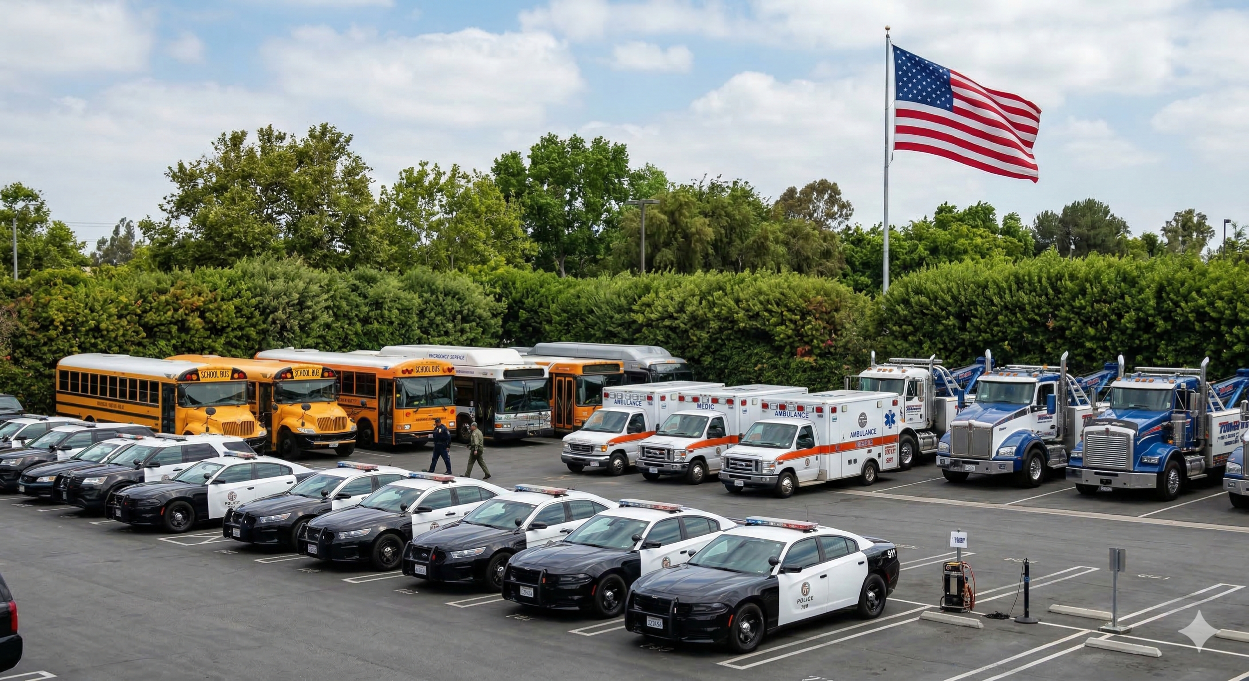 A parking lot filled with police cars, school buses, ambulances, and tow trucks, with an American flag flying on a flagpole and trees in the background under a partly cloudy sky.