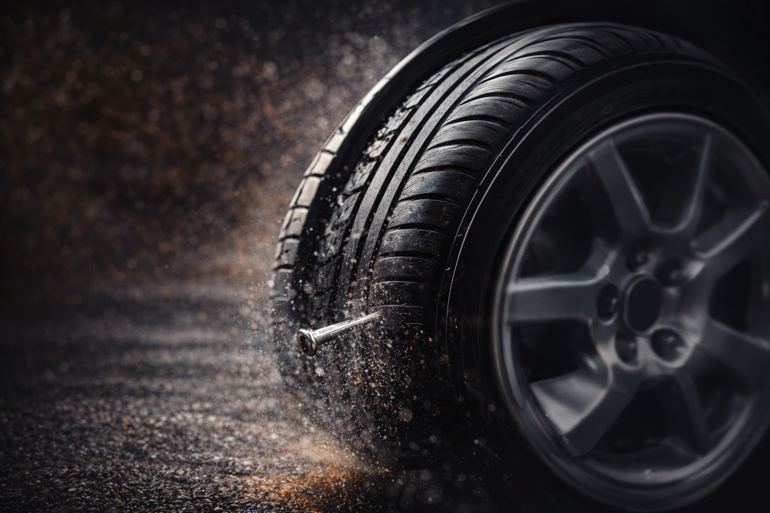 Close-up of a tire with a nail stuck in it, on a dark textured surface.