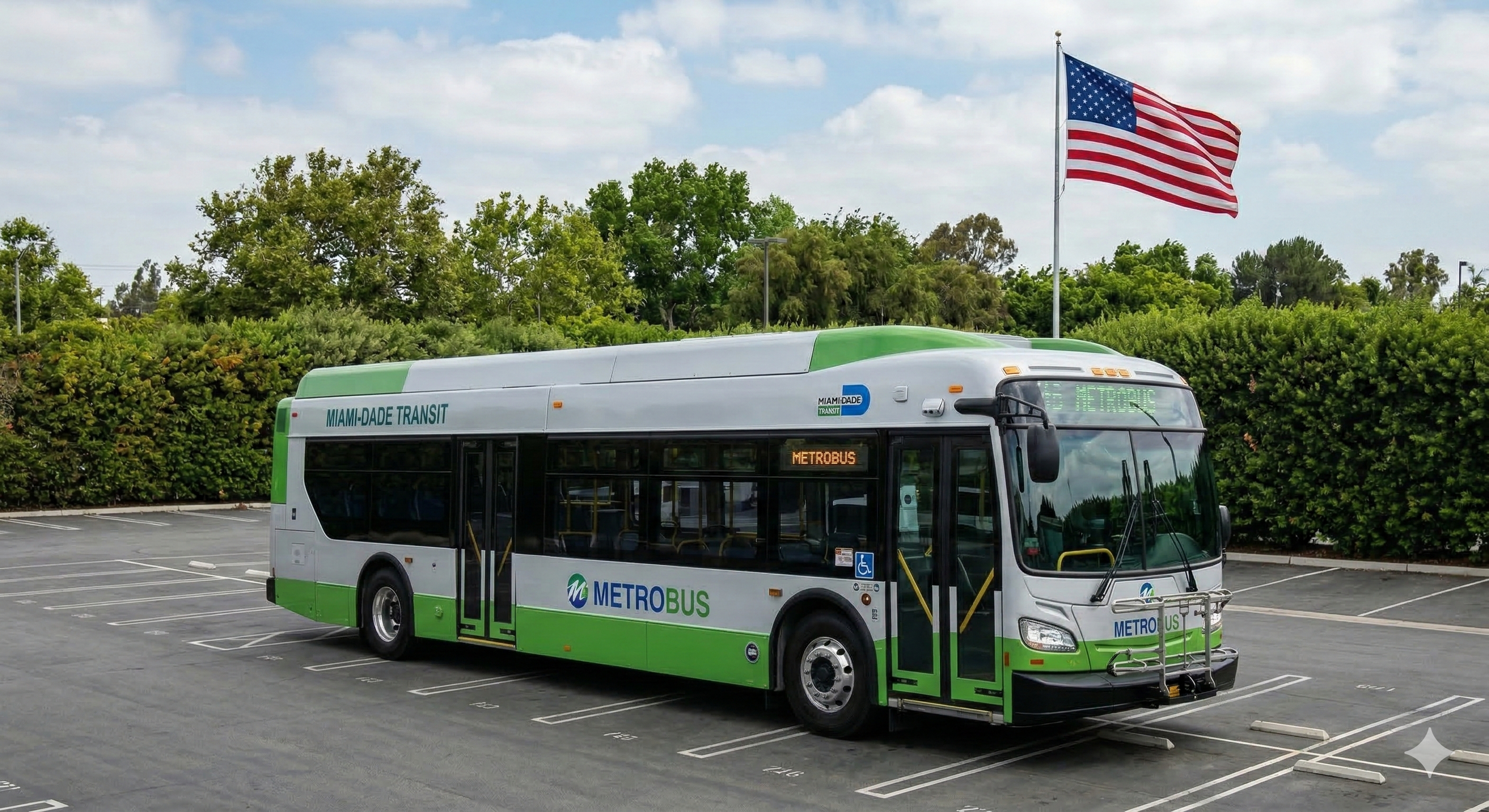 A green and white Metrobus bus parked in an empty parking lot, with an American flag flying on a pole and trees in the background.