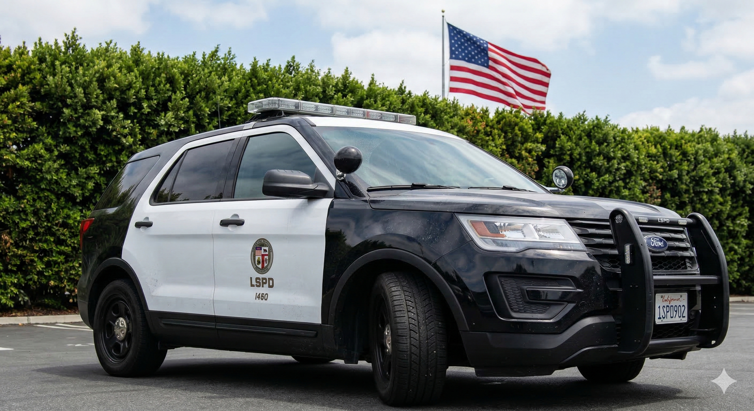 A black and white Ford police SUV marked 'LSPD' parked on a paved surface with green bushes and an American flag in the background.