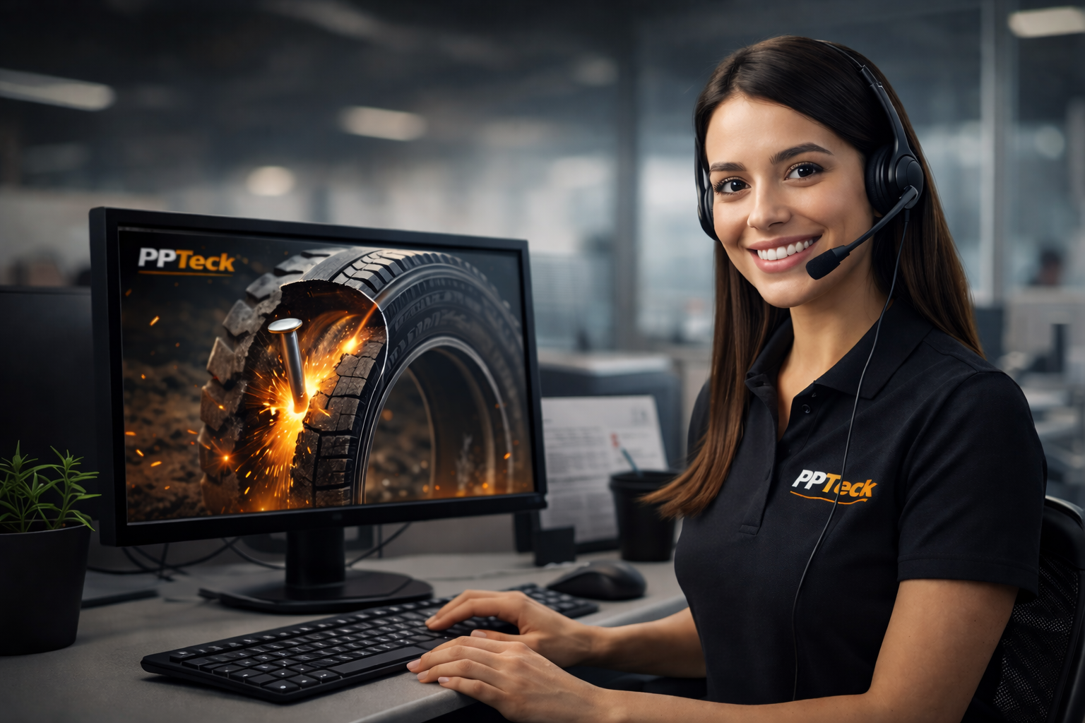 A woman in a black polo shirt with a company logo wearing a headset, sitting at a desk with a computer monitor displaying a tire being welded.