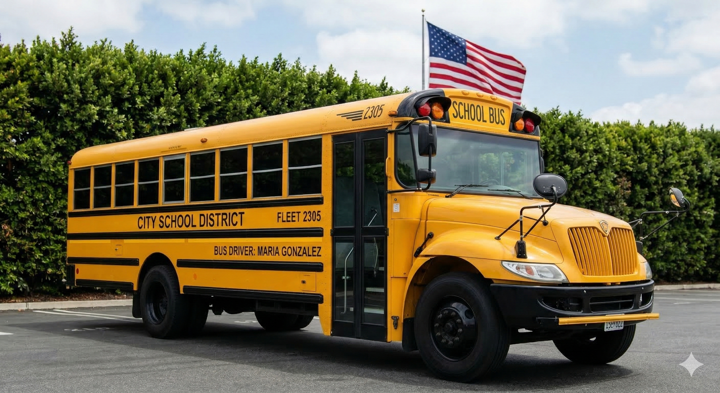 Yellow school bus parked on roadside with an American flag on a pole in the background.