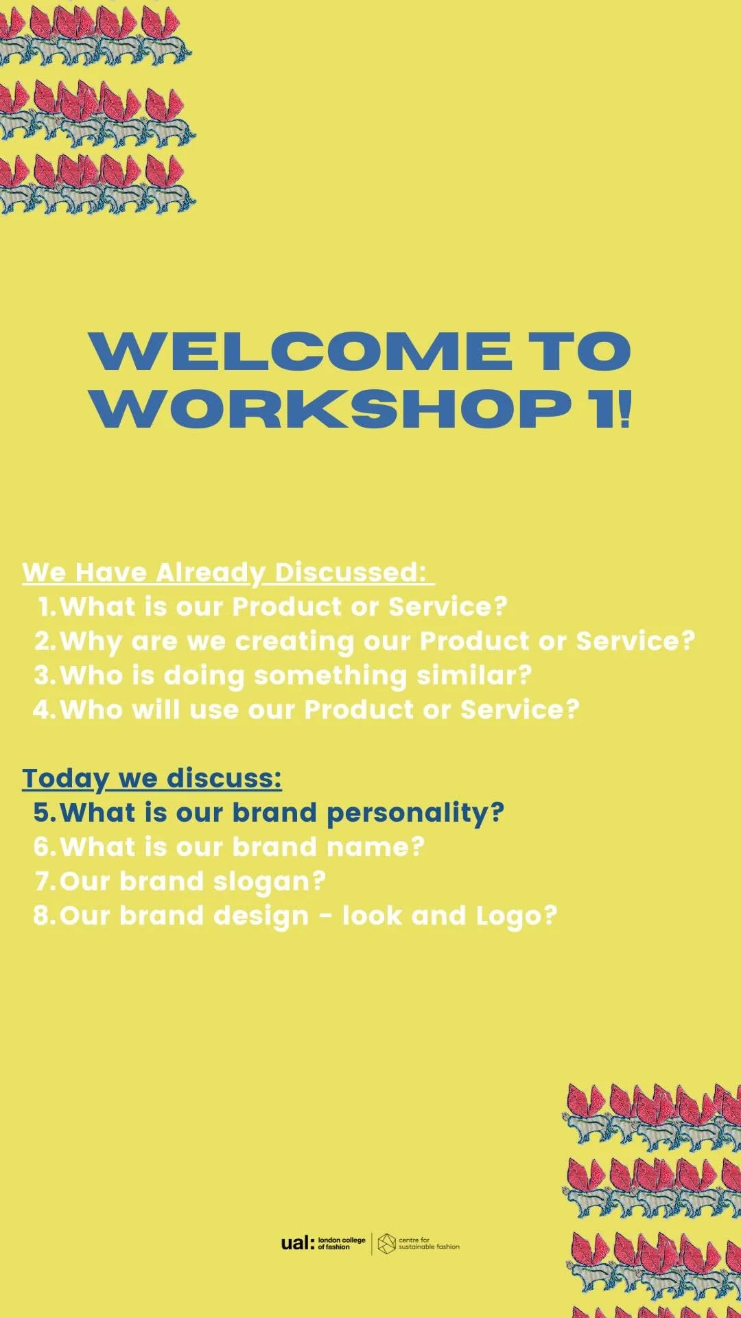 Bright yellow workshop agenda with floral border, titled 'Welcome to Workshop 1!' and lists discussion topics about brand personality.
