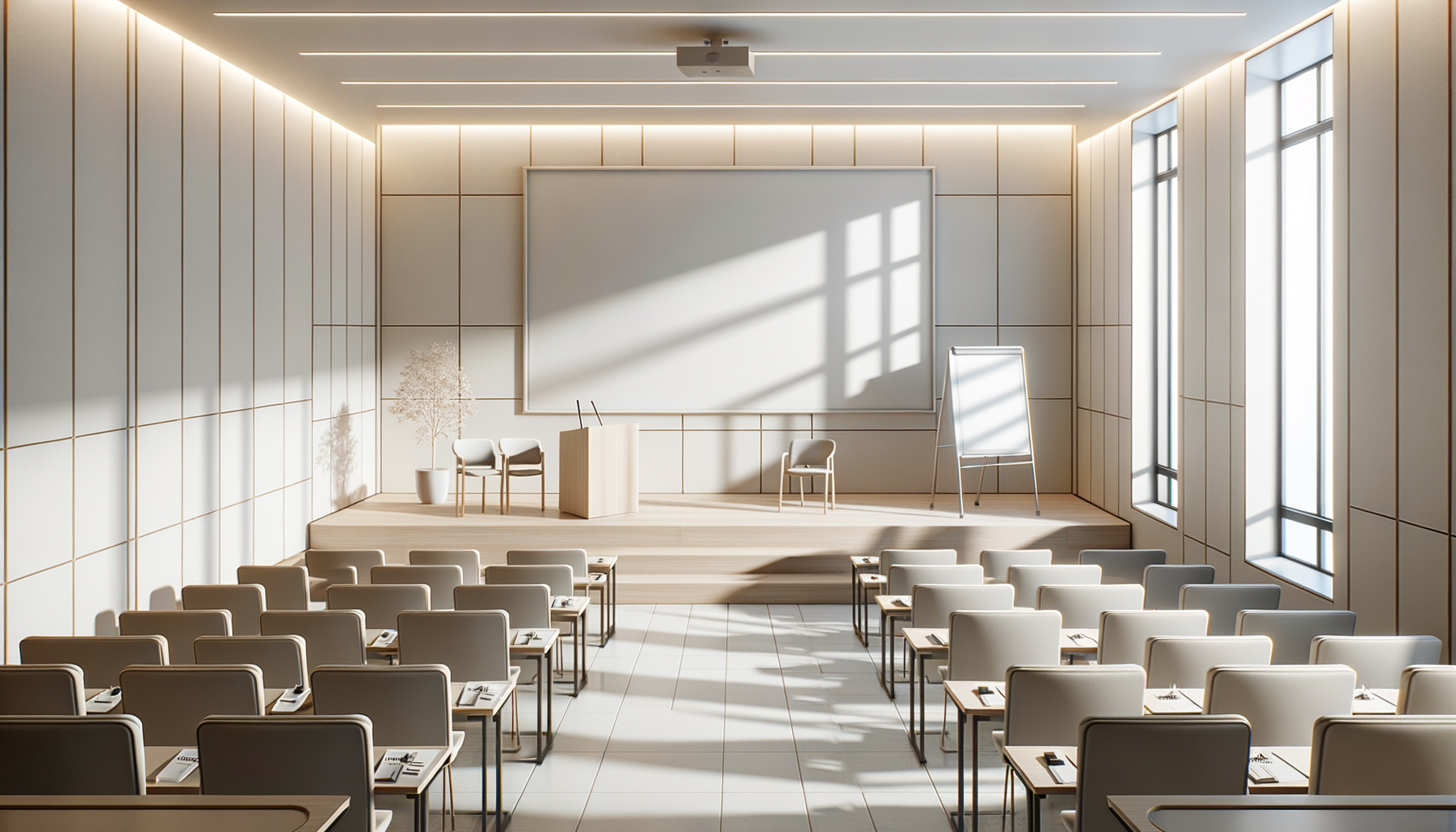 Empty conference room with rows of chairs facing a stage with whiteboard and potted plant, illuminated by natural light from tall windows.