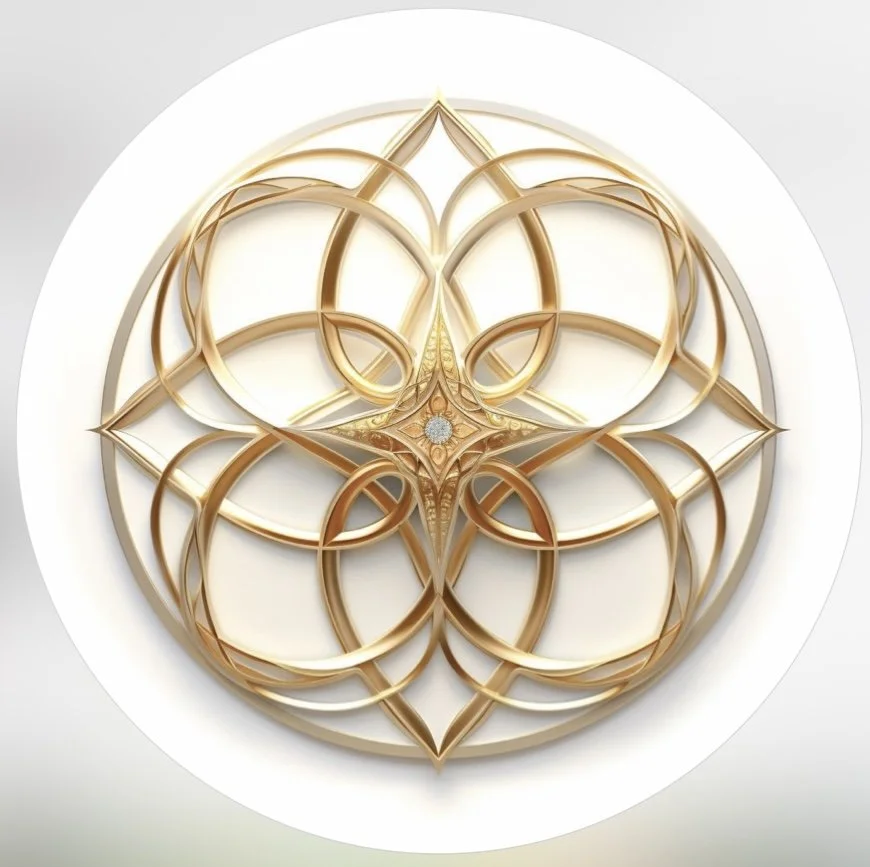 Intricate gold geometric jewelry piece with a central gemstone, featuring overlapping circles and symmetrical patterns.