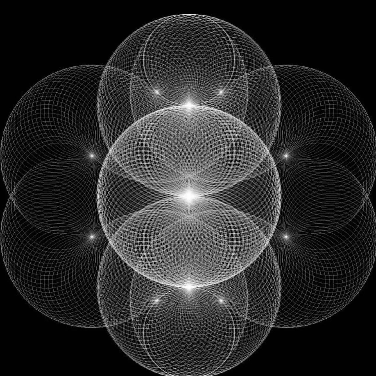 Digital illustration of interconnected glowing white spheres and geometric wireframes on black background.