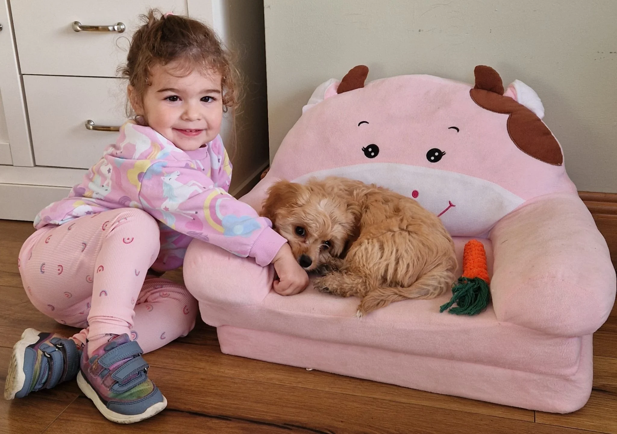 Ein glückliches kleines Mädchen in bunten Schlafanzügen sitzt neben einer rosa Sessel mit Einhorn-Design. Ein kleiner, brauner Hund liegt entspannt auf dem Sessel. Auf dem Sessel liegt auch eine kleine, orange-rote Hundespielzeug.