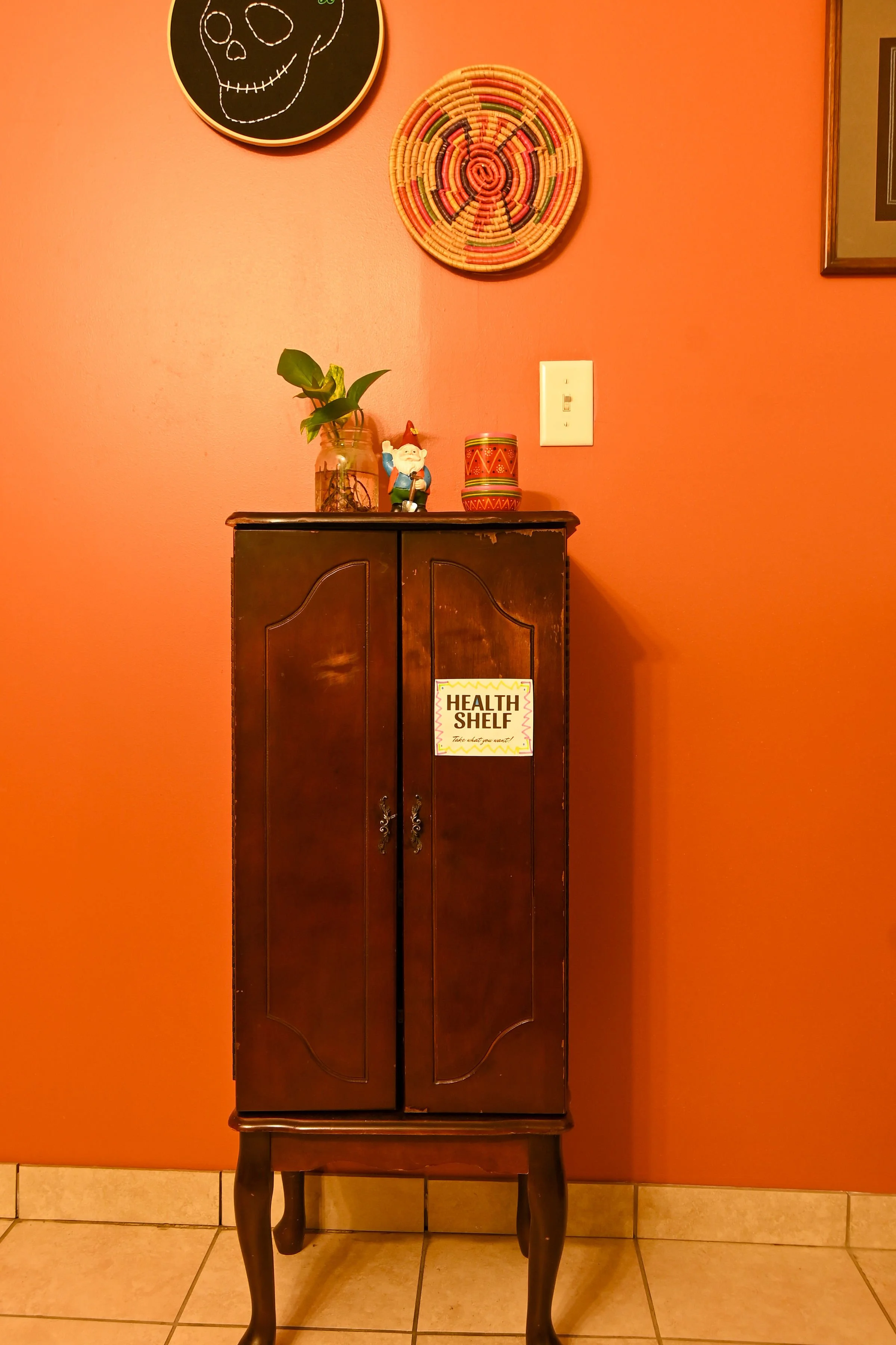 RESTROOM: Health Shelf! Filled with PPE, menstrual products, safer sex supplies, jewelry, etc