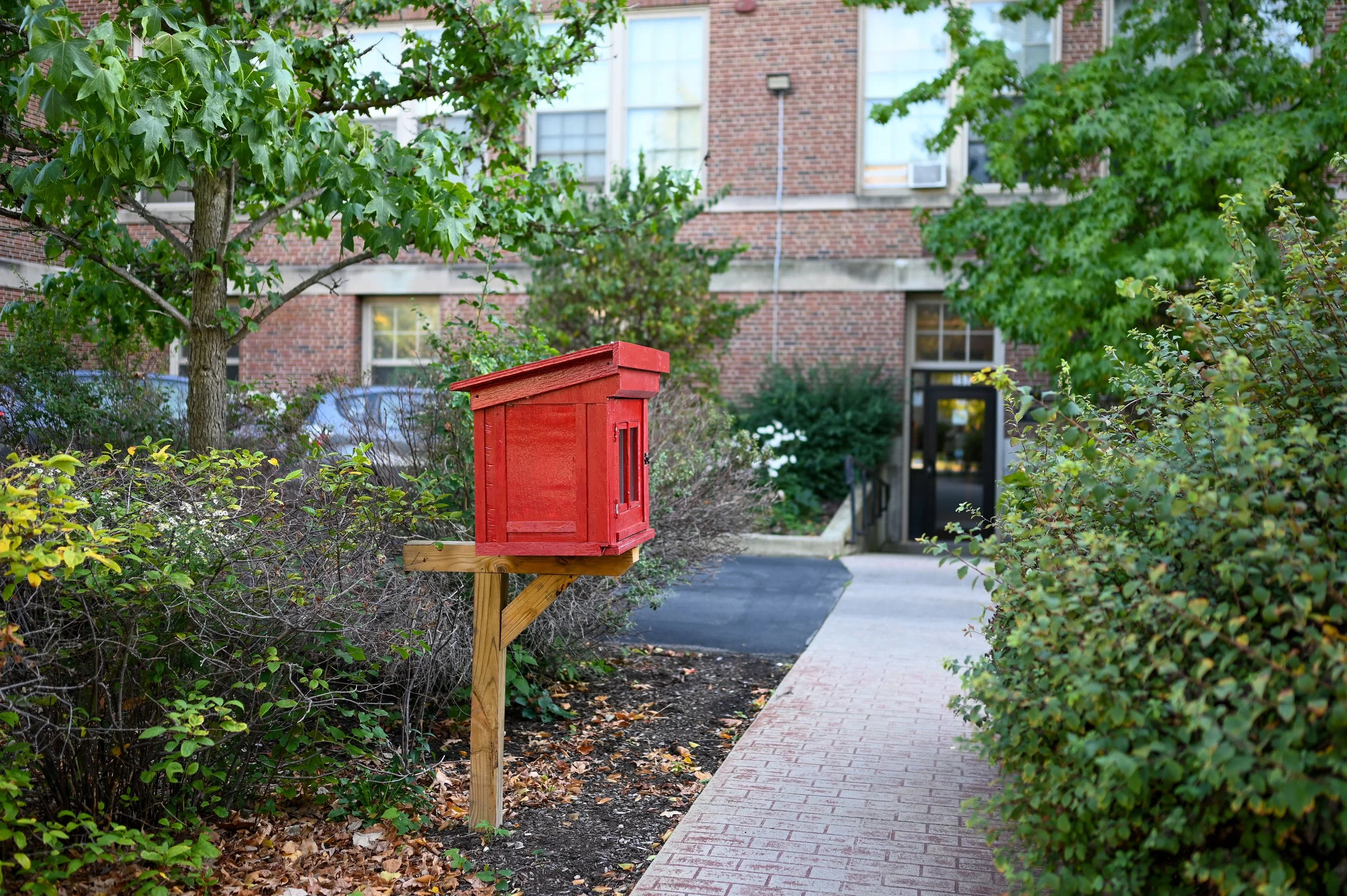 ENTERING THE OFFICE: The red Little Free Library at the end of our brick walkway facing Lafayette.