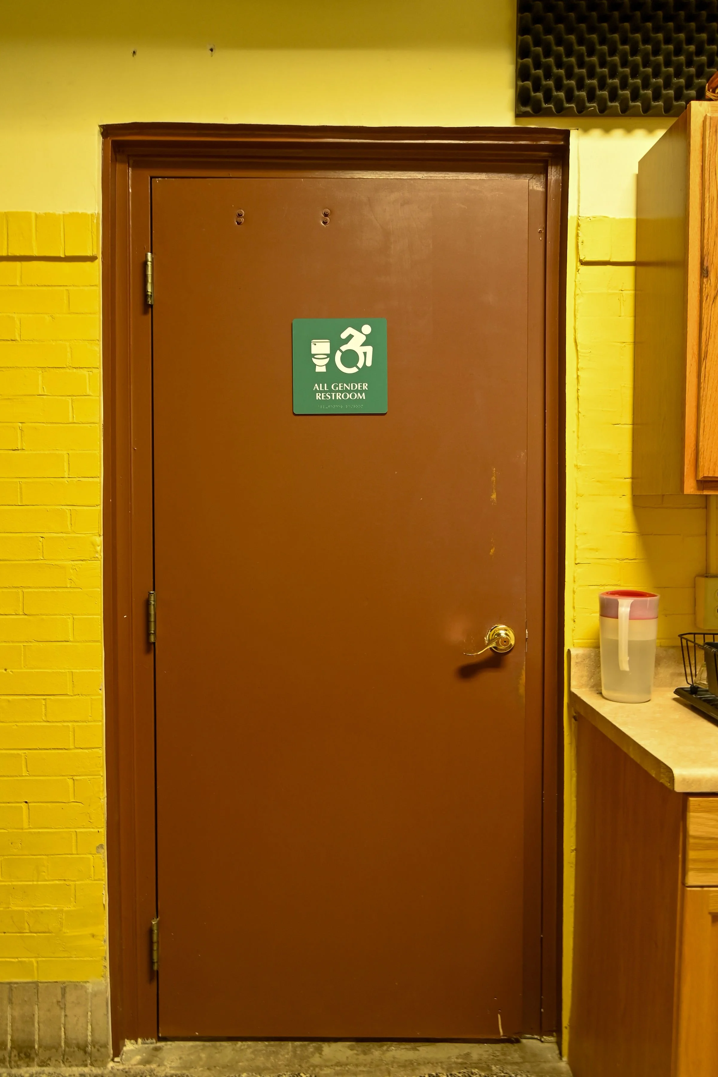 RESTROOM: Restroom door, heavy-ish and manual. Slow-close