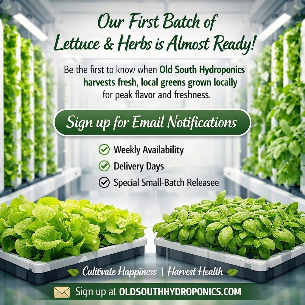 Our first hydroponic harvest of the season is almost here 🌿 Crisp lettuce and aromatic herbs &mdash; grown locally for peak freshness and flavor.
Be the first to know when they&rsquo;re ready!
📬 Sign up for email notifications at oldsouthhydroponic