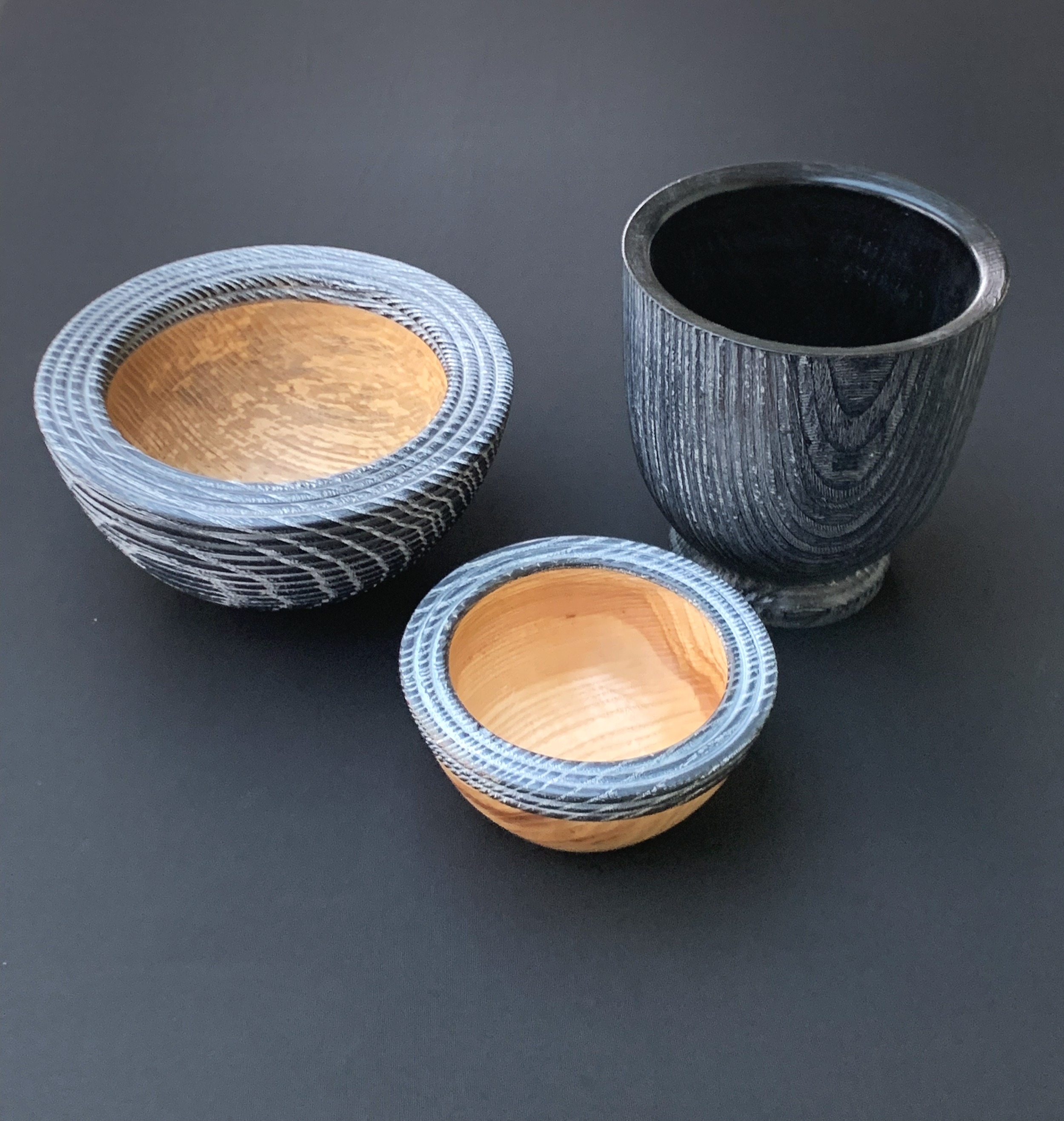Unnatural edge bowls, Ash, Birch Ply lacquer and liming wax