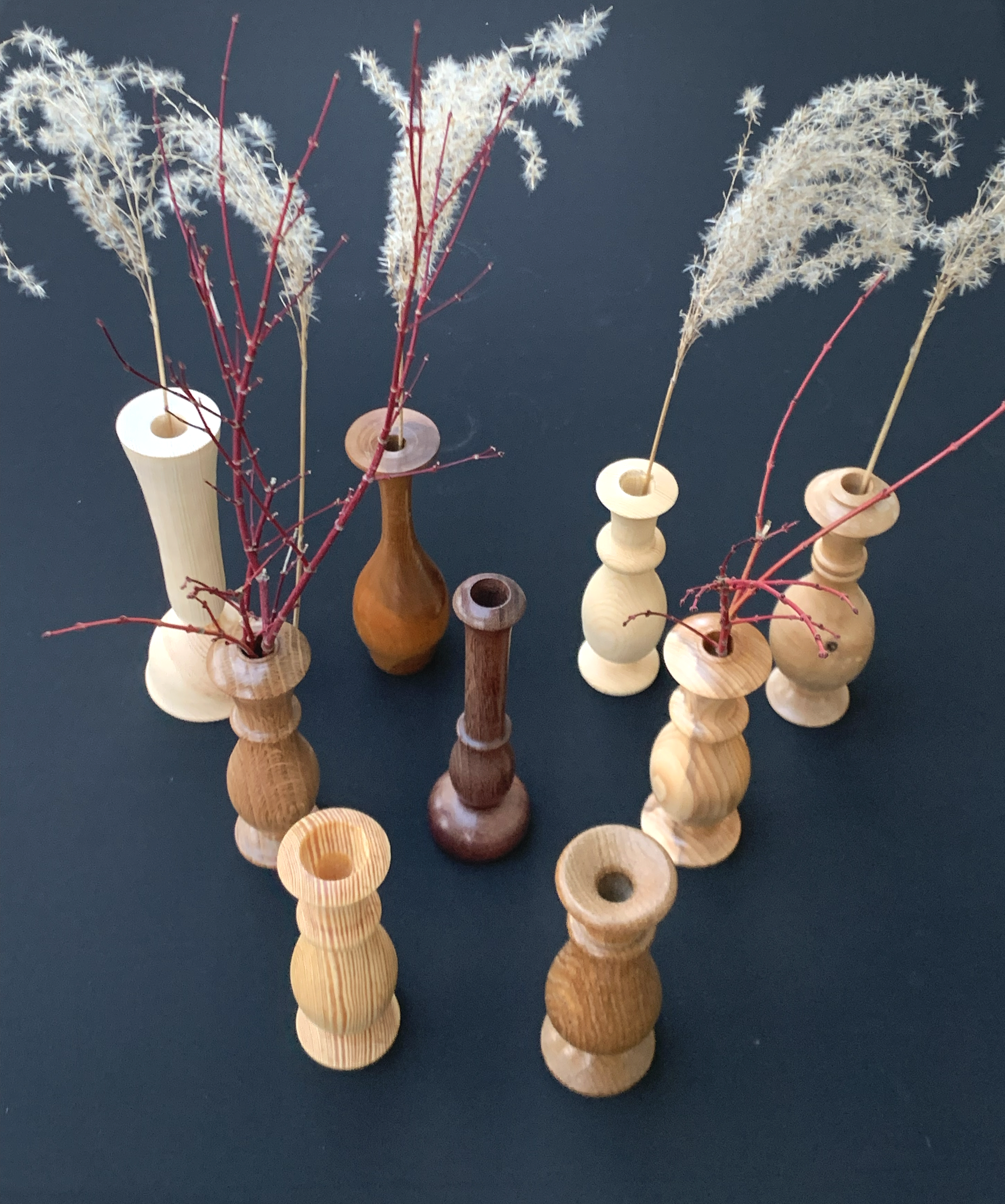 Assorted Bud Vases, Oak, Pine, Maple, Yew, Purpleheart