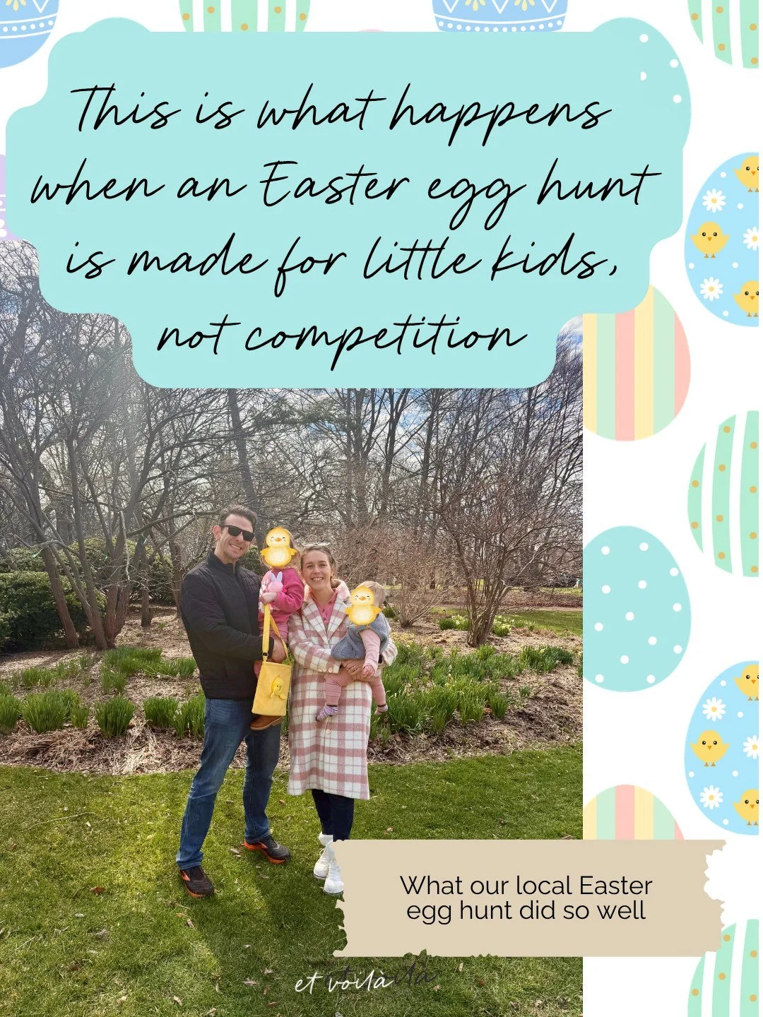 As a naturally competitive person, I always thought a timed egg hunt would be more fun! The rush of the countdown, the excitement, the who-got-the-most.
.
Myth busted! With really little kids, they don&rsquo;t care about racing or winning. They just 