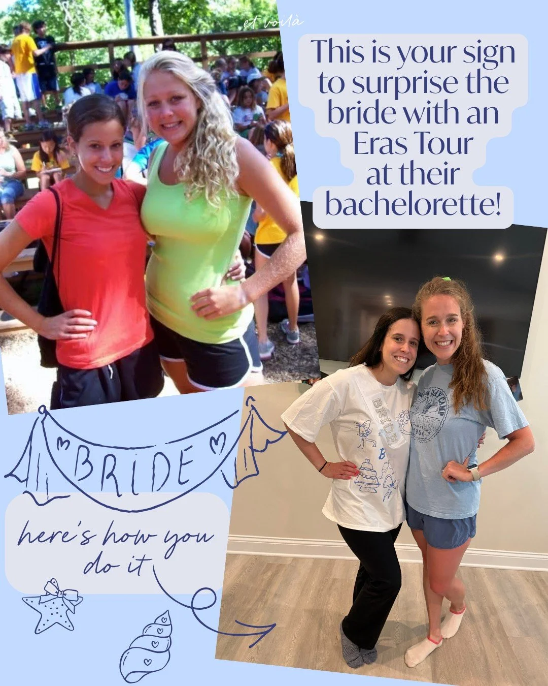 One of the bride's favorite parts of her bachelorette party was her surprise Eras Tour! We all had so much fun dressing up like her through different phases of life, recreating photos, and reminiscing together. It's so easy to do and makes for such a