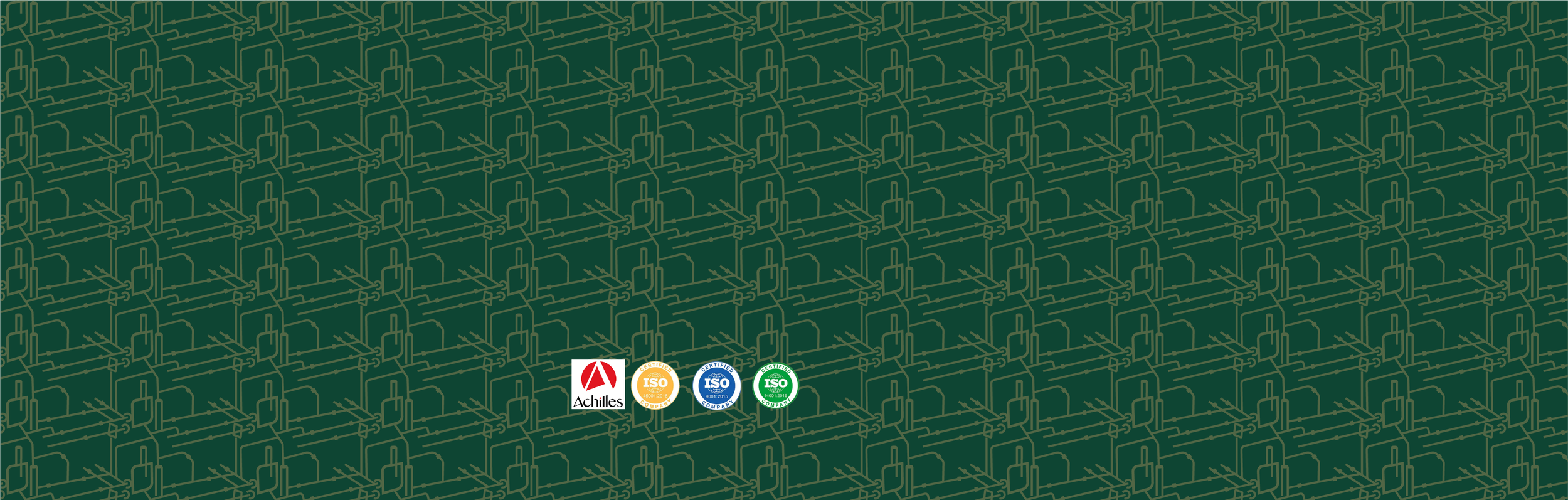 Green background with a repeating pattern of mechanical and piping diagrams. At the bottom center, there are four certification logos: Achilles, ISO 45001, ISO 9001, and ISO 14001.
