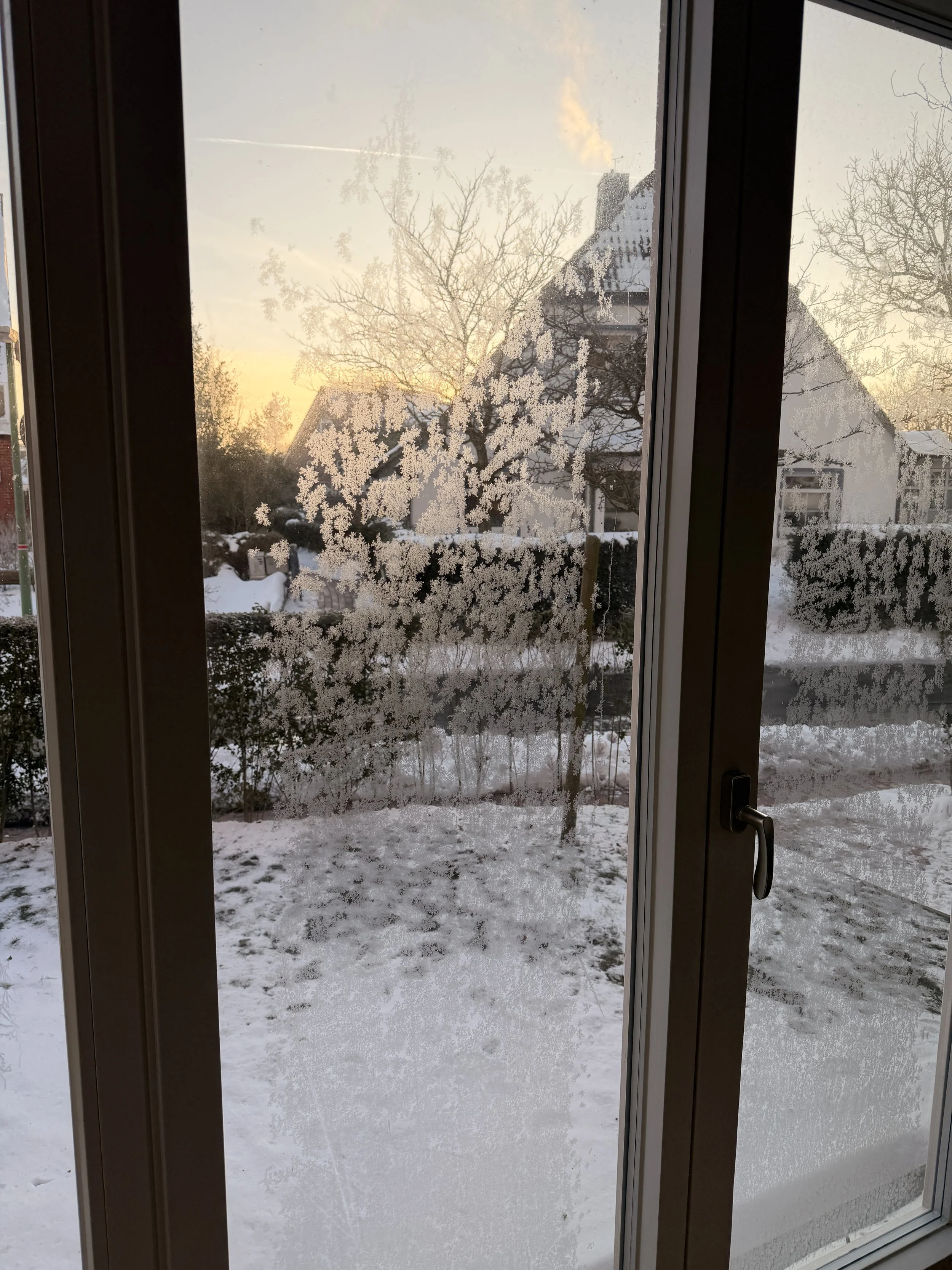 Schneebedeckter Garten mit gefrorenem Fenster draußen bei Sonnenuntergang.