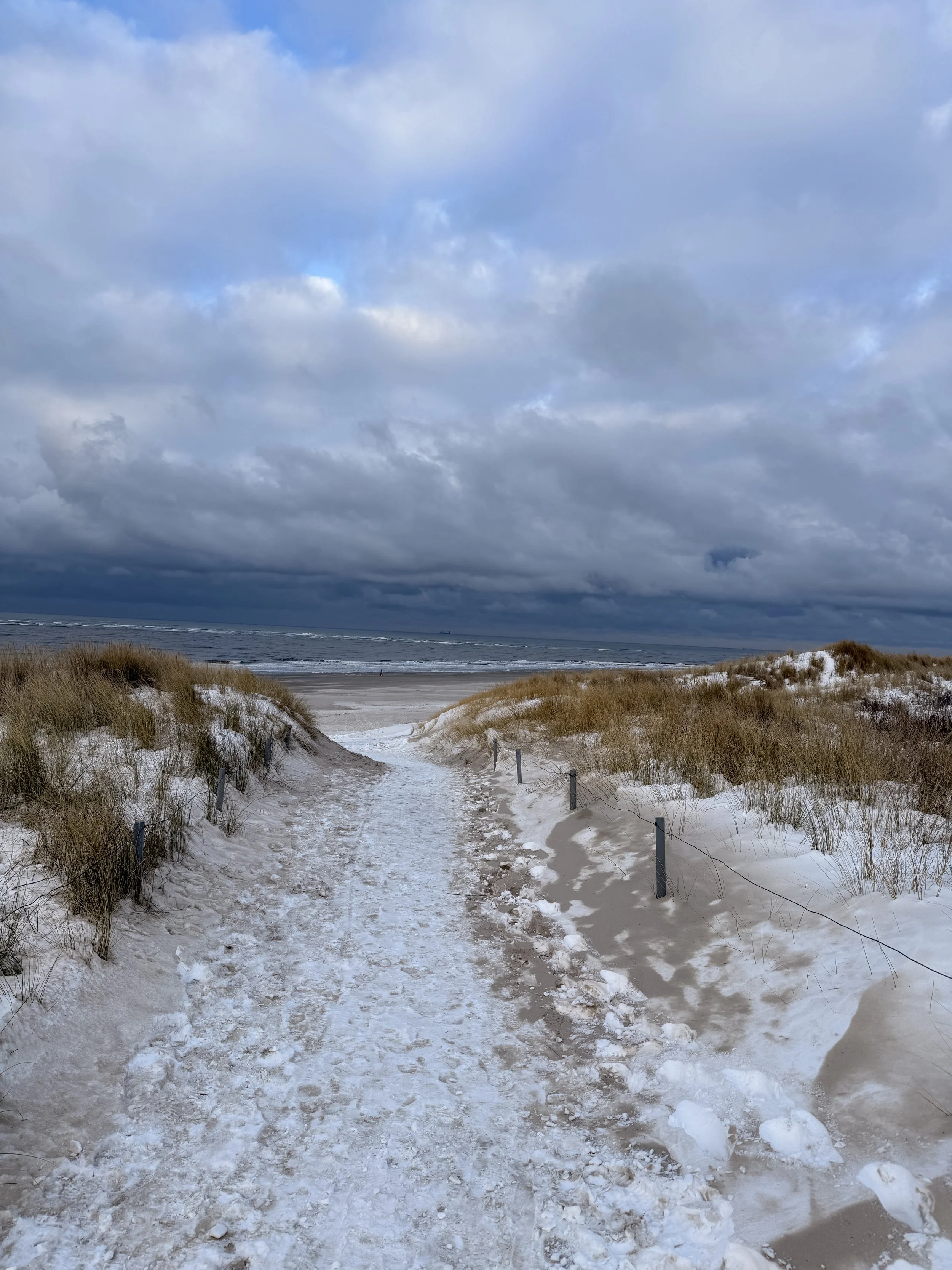 Ein Wanderweg durch Sanddünen führt zum Strand mit Meer im Hintergrund, bewölkter Himmel.
