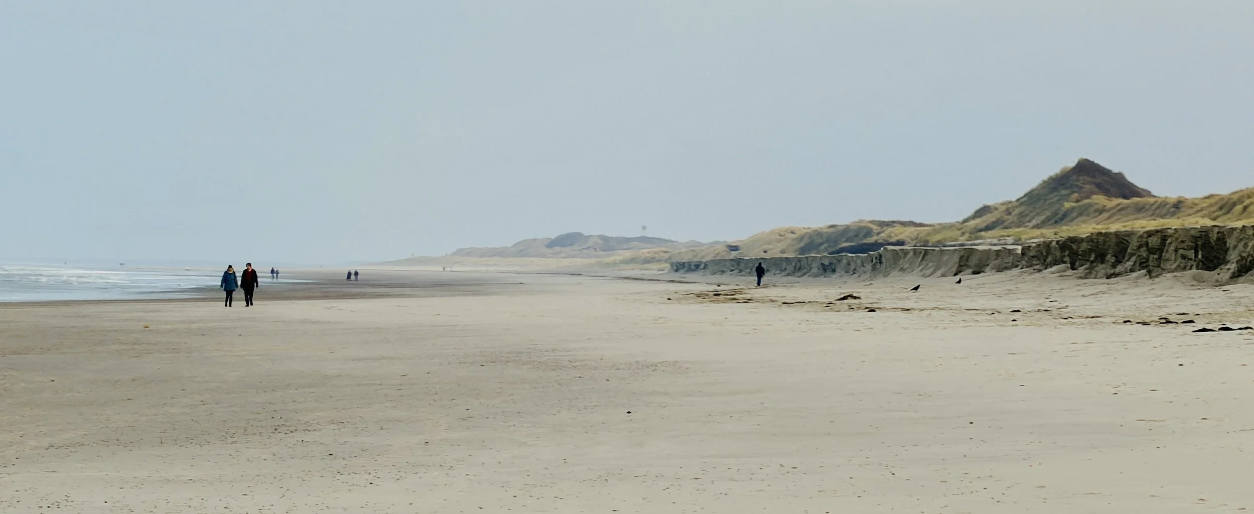 Leerer Strand mit Sanddünen und wenigen Spaziergängern bei bewölktem Himmel.