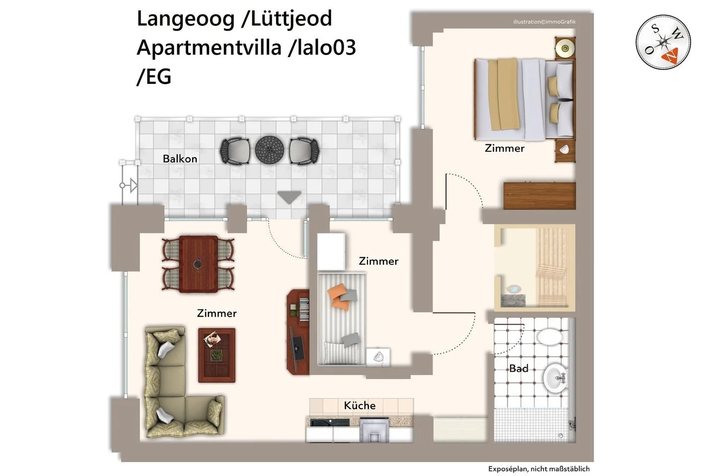 Grundriss einer Wohnung mit Balkon, drei Zimmer, Küche und Badezimmer.